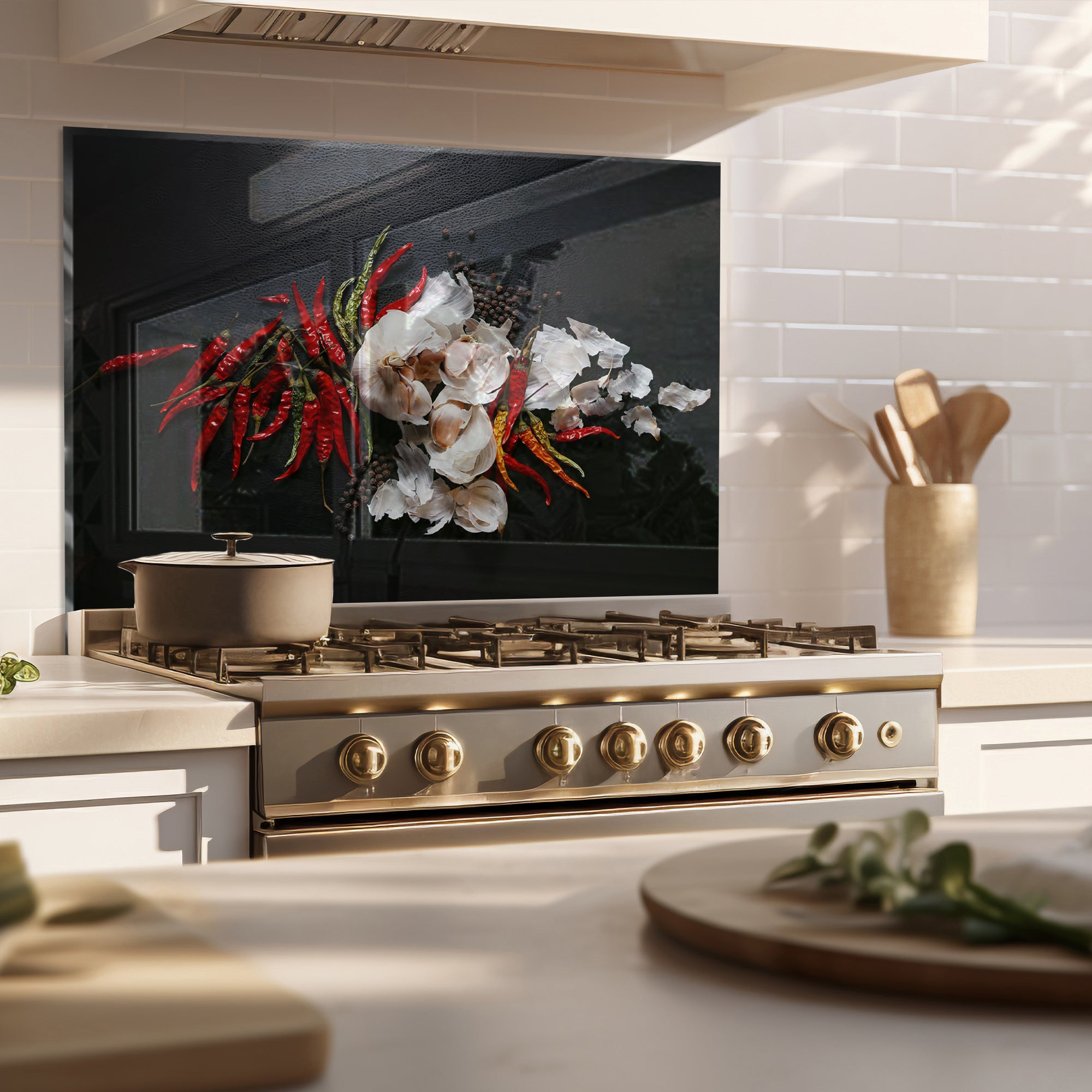 Chili & Garlic Tempered Glass Backsplash – Bold Spicy Kitchen Wall Panel