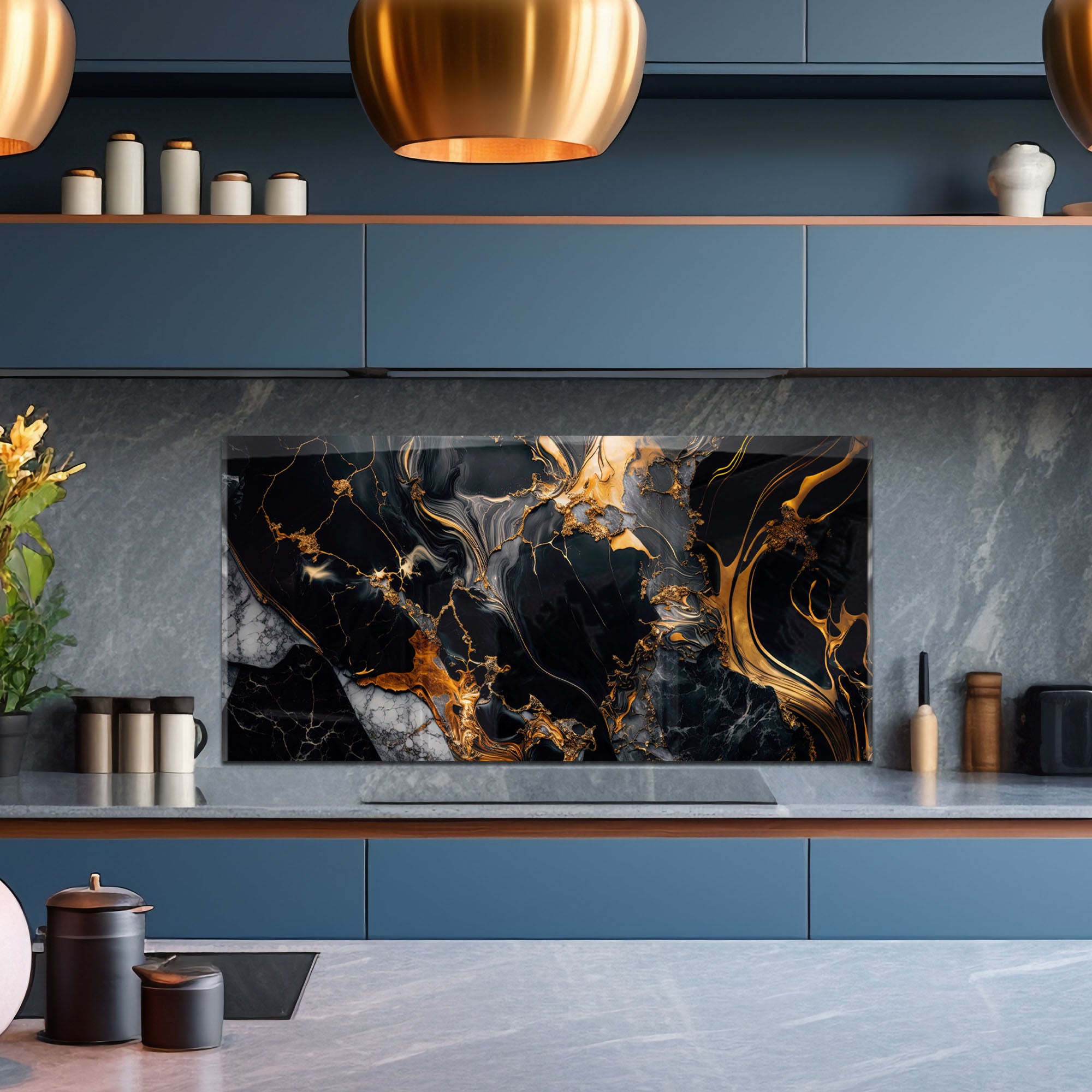 Black and Gold Marble Tempered Glass Stove Backsplash – Heat-Resistant Modern Kitchen Wall Panel