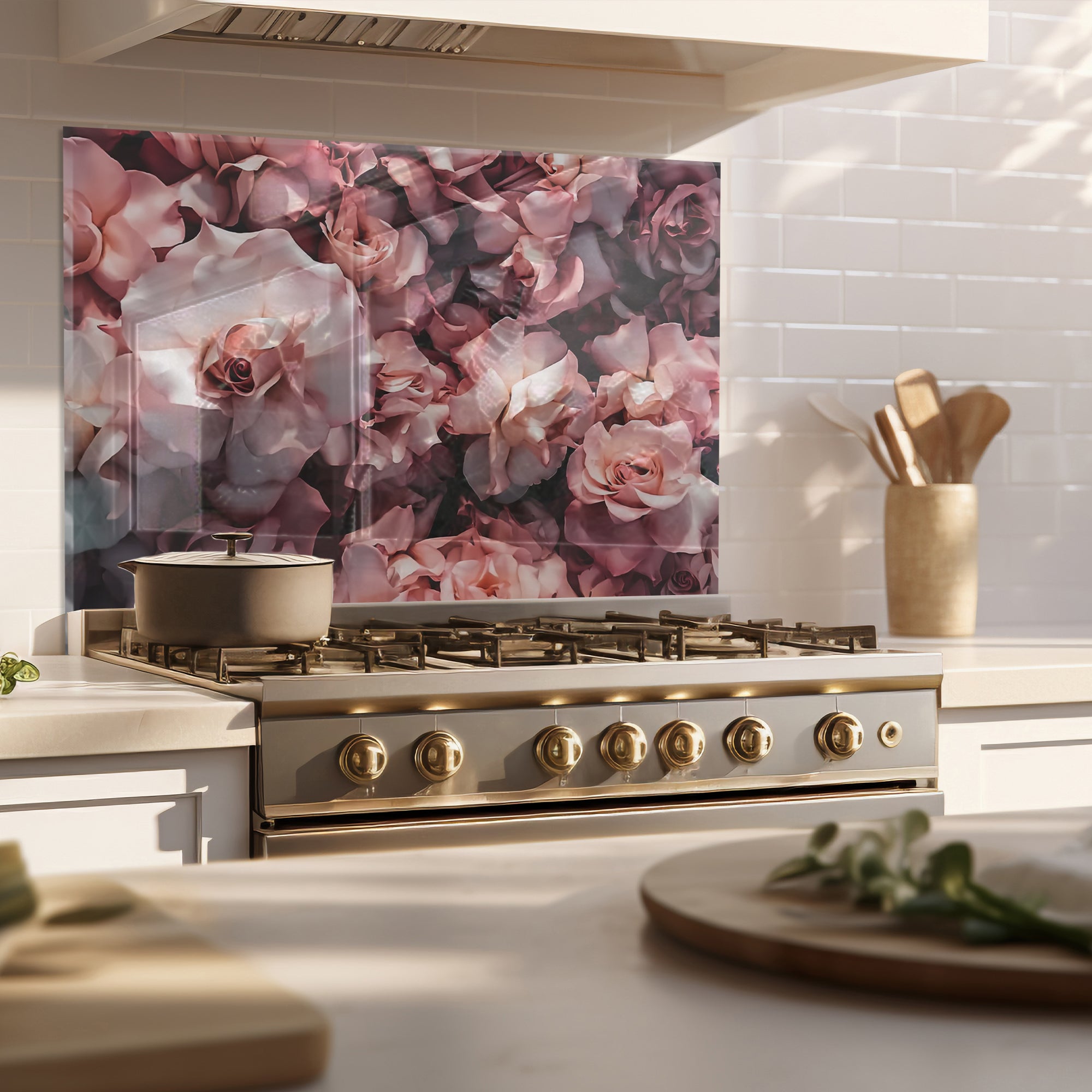 Pink Roses Tempered Glass Backsplash – Romantic Floral Kitchen Panel