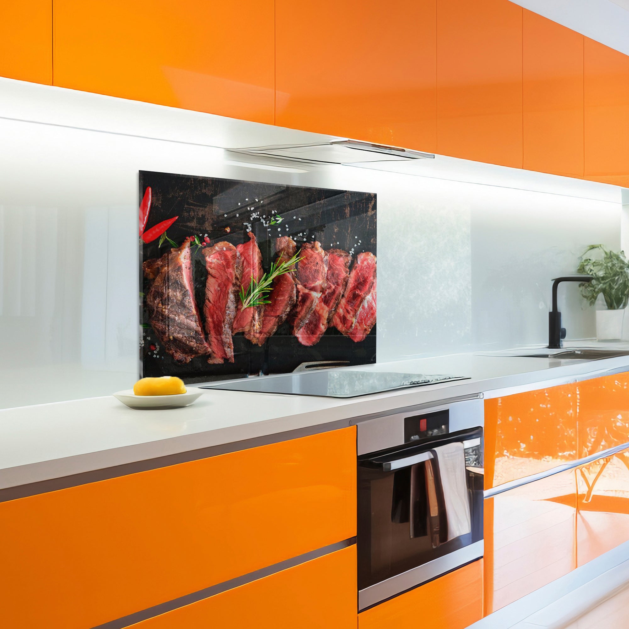 Juicy Steak Tempered Glass Backsplash – Meat Lover’s Kitchen Wall Panel