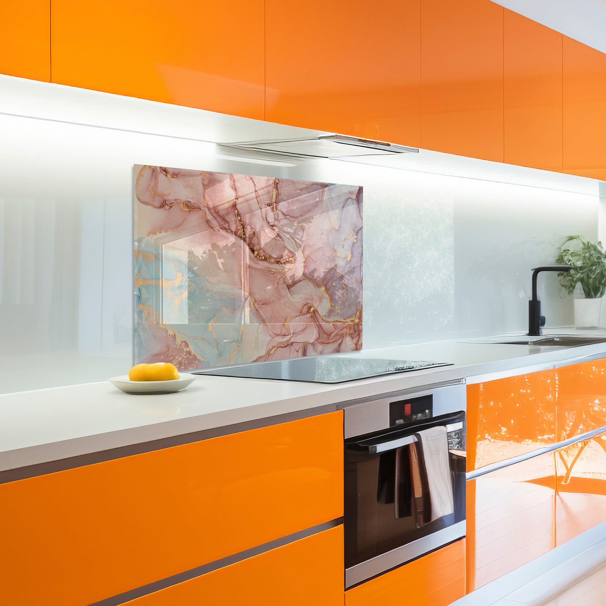 Pink Ink Marble Glass Backsplash – Elegant Abstract Kitchen Panel