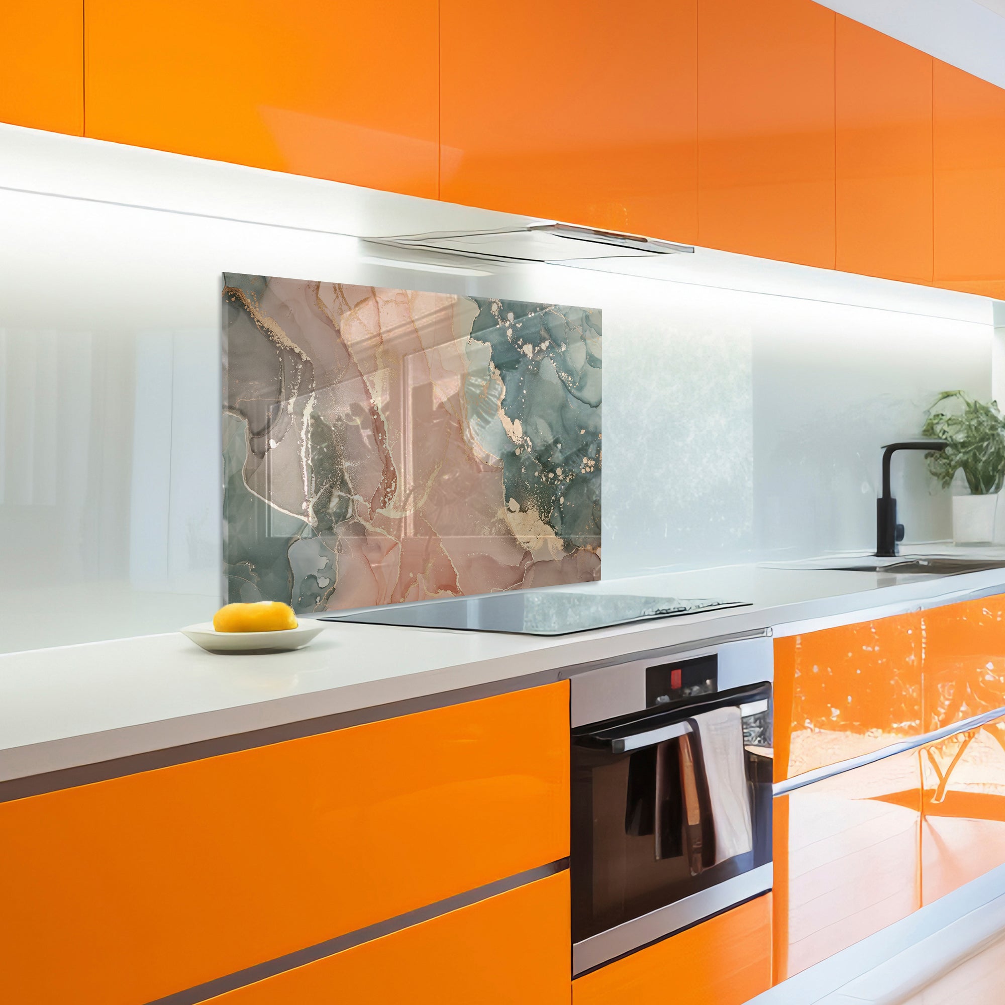 Green & Beige Ink Marble Glass Backsplash – Abstract Kitchen Panel