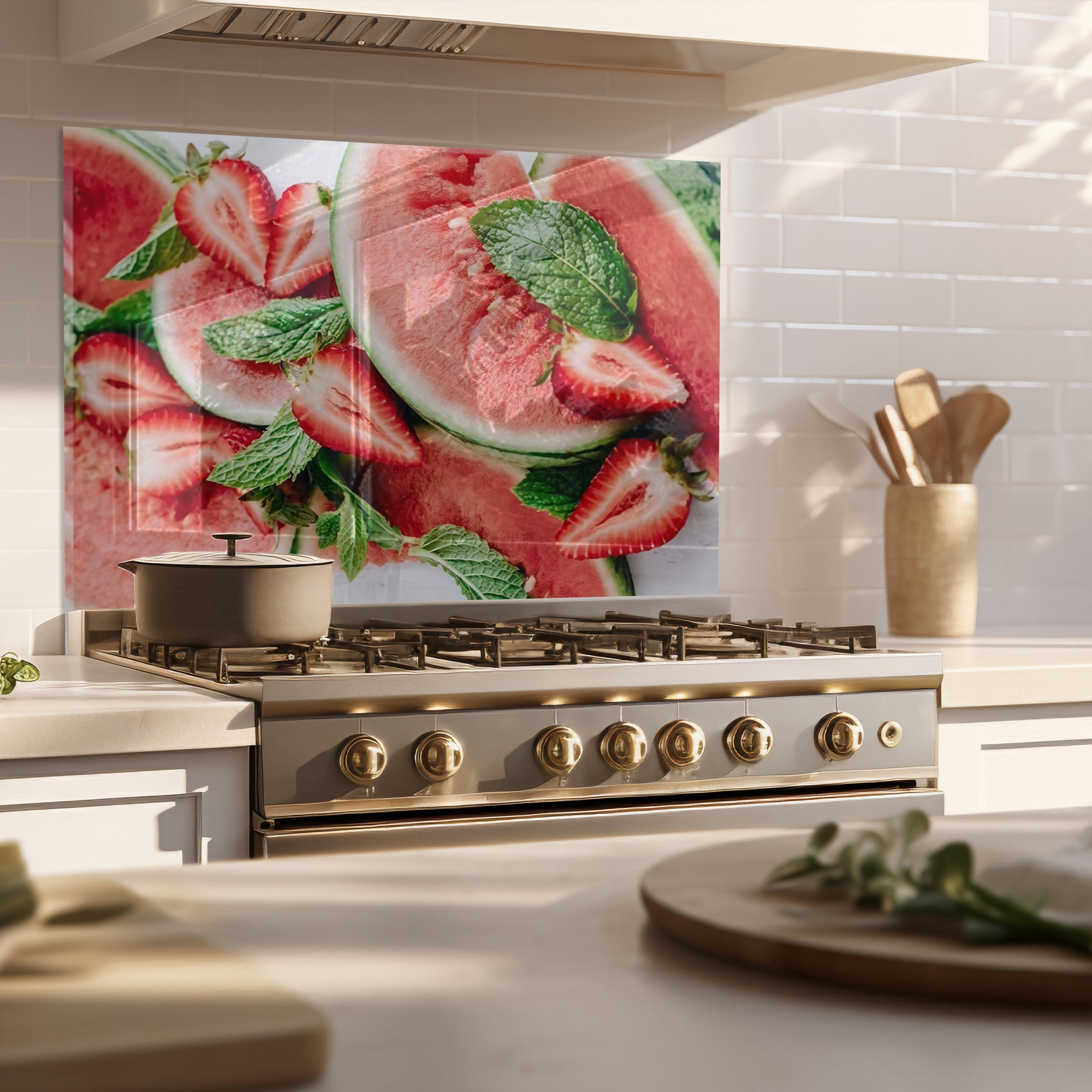 Watermelon & Strawberry Tempered Glass Backsplash – Fresh Summer Kitchen Panel