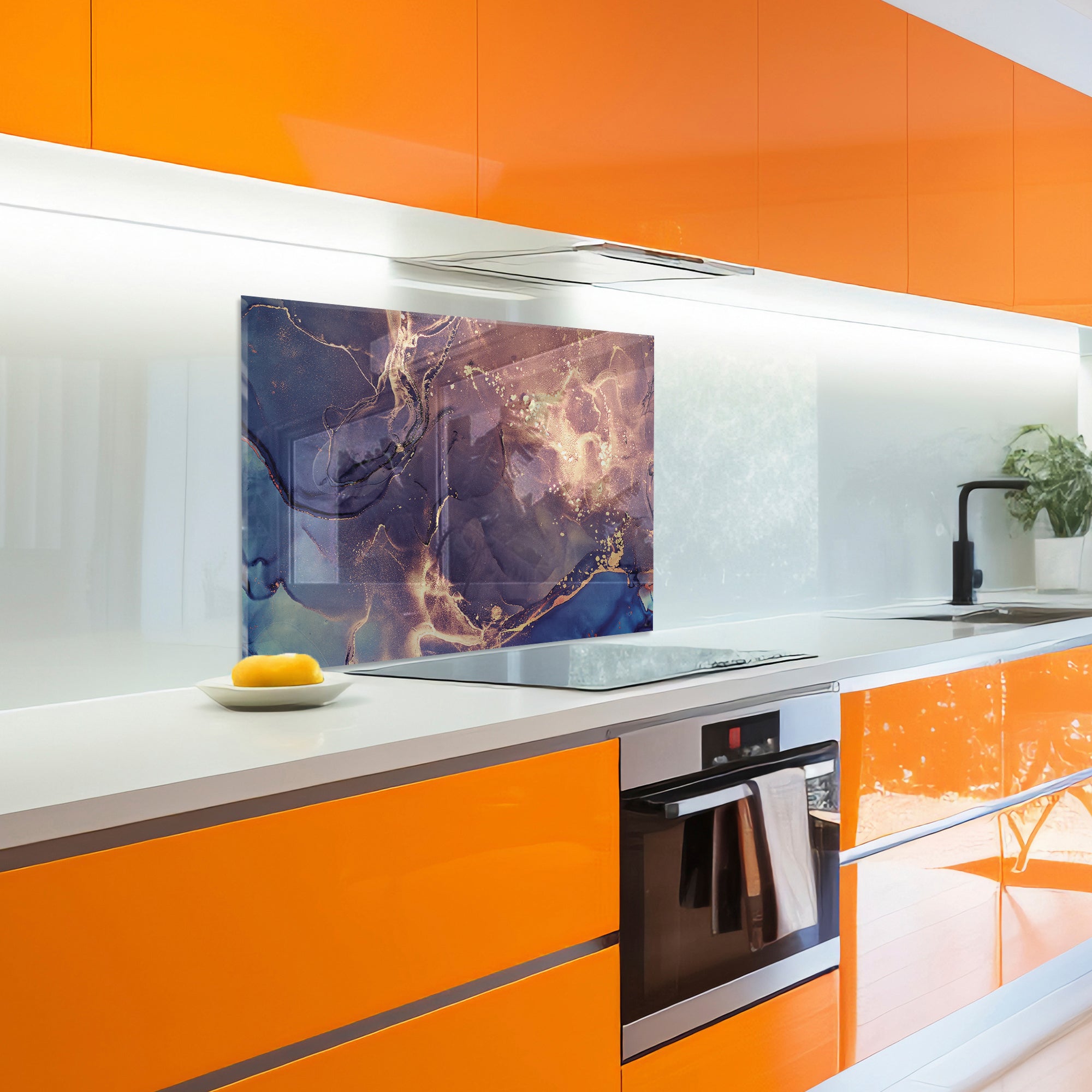 Ink Marble Tempered Glass Backsplash – Blue & Gold Abstract Kitchen Panel