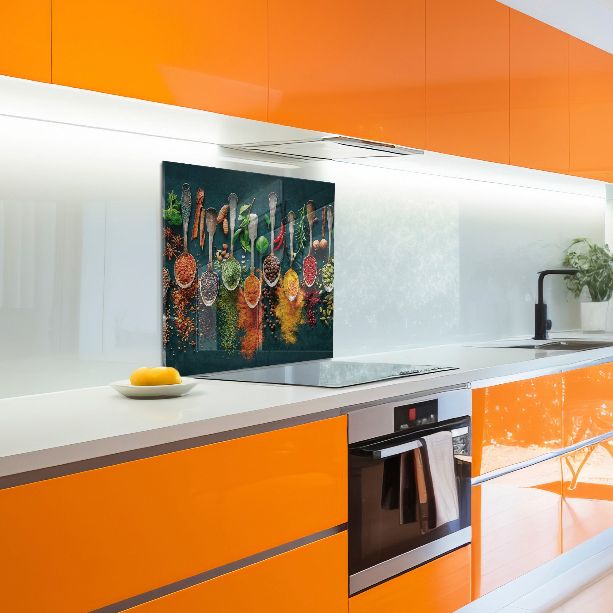Harmony of Spices Tempered Glass Backsplash – Colorful Kitchen Wall Panel