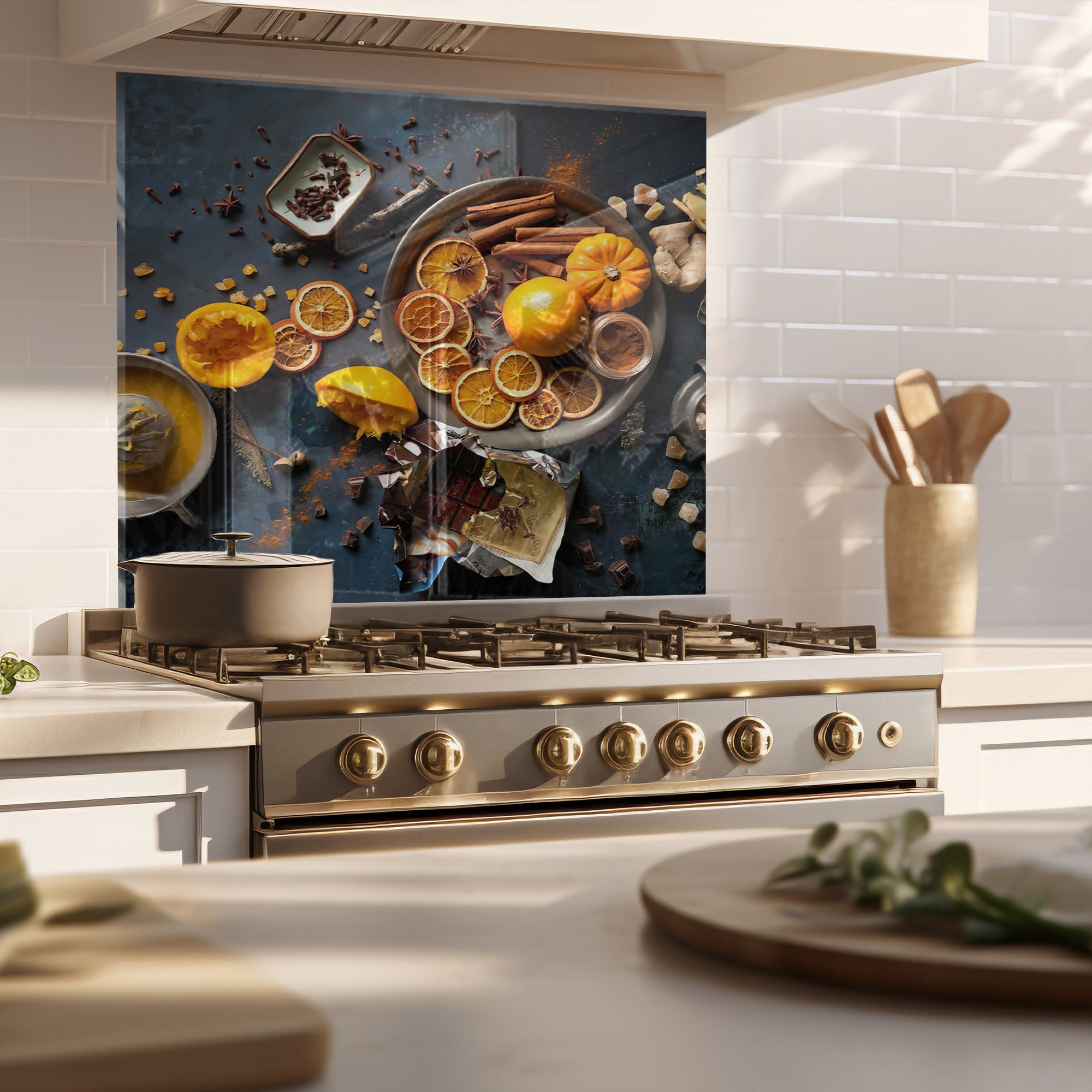 Orange & Spice Tempered Glass Backsplash – Cozy Gourmet Kitchen Wall Panel