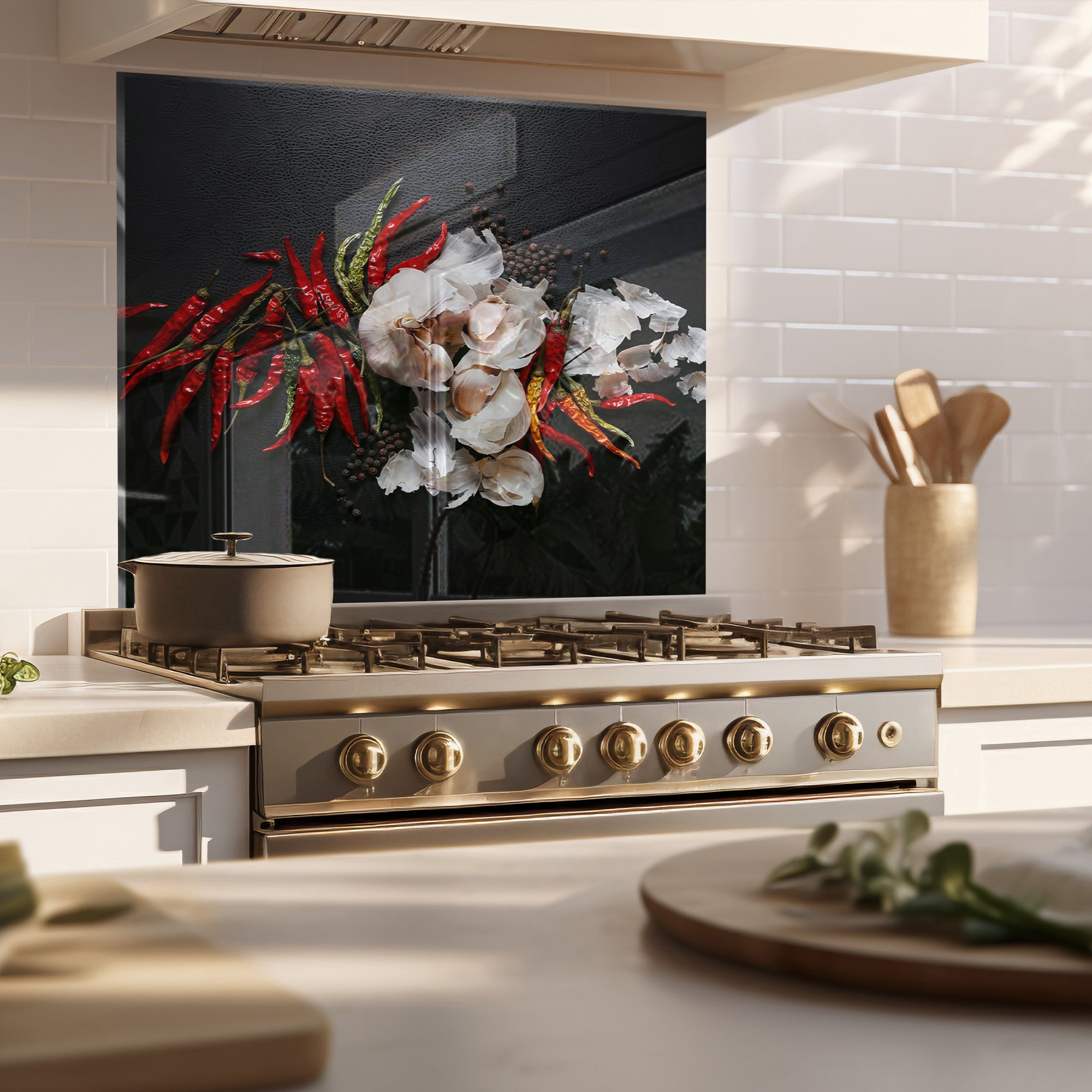 Chili & Garlic Tempered Glass Backsplash – Bold Spicy Kitchen Wall Panel