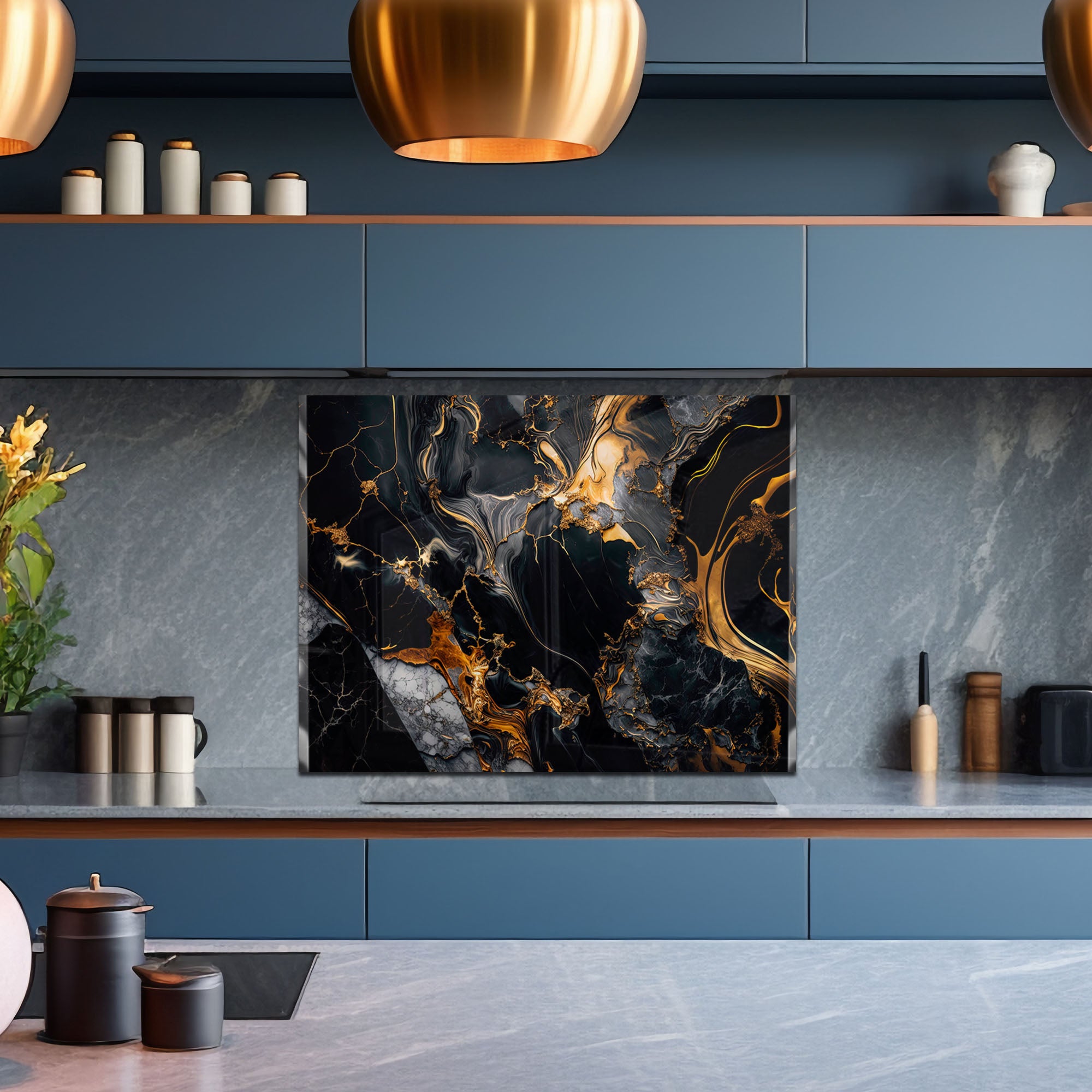 Black and Gold Marble Tempered Glass Stove Backsplash – Heat-Resistant Modern Kitchen Wall Panel