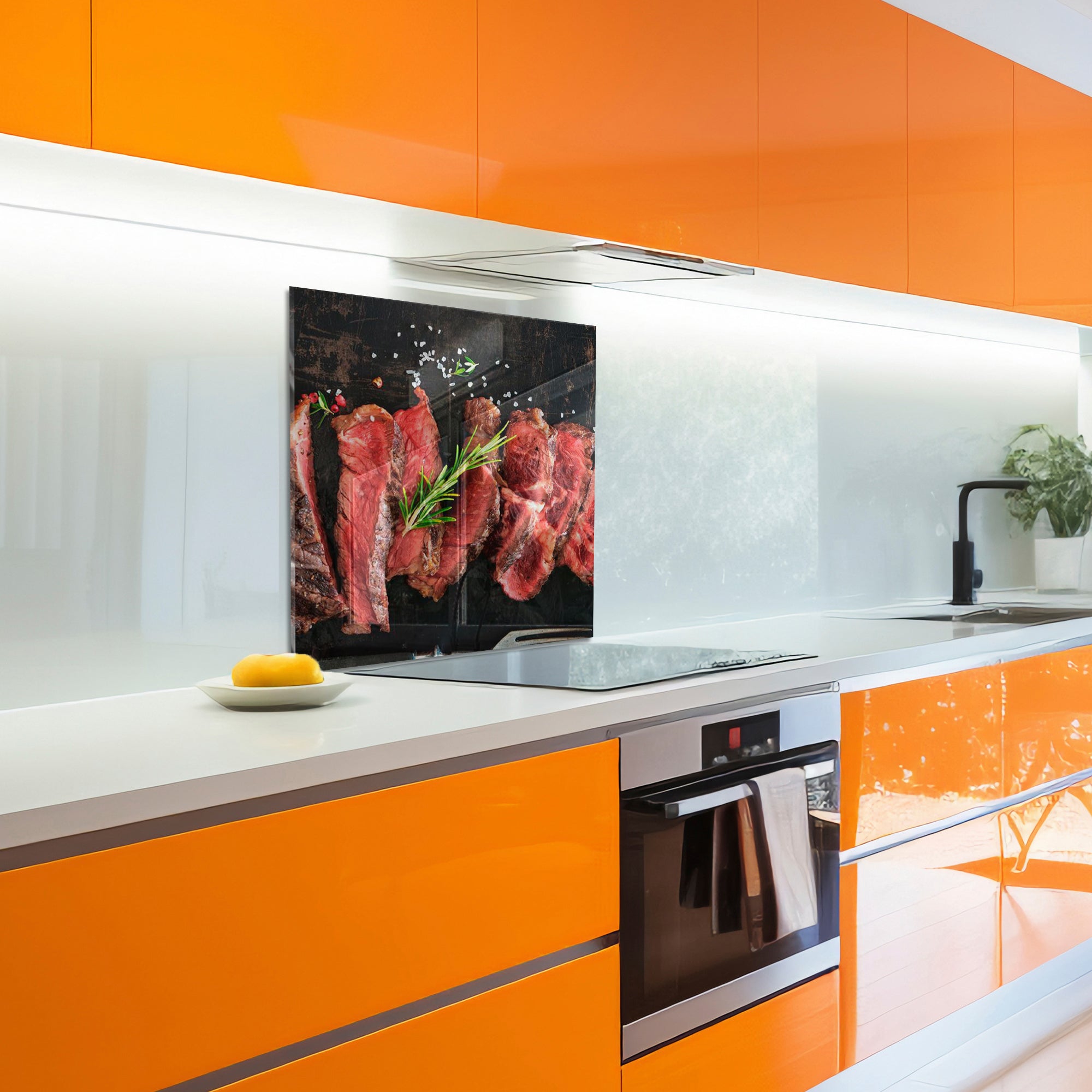 Juicy Steak Tempered Glass Backsplash – Meat Lover’s Kitchen Wall Panel