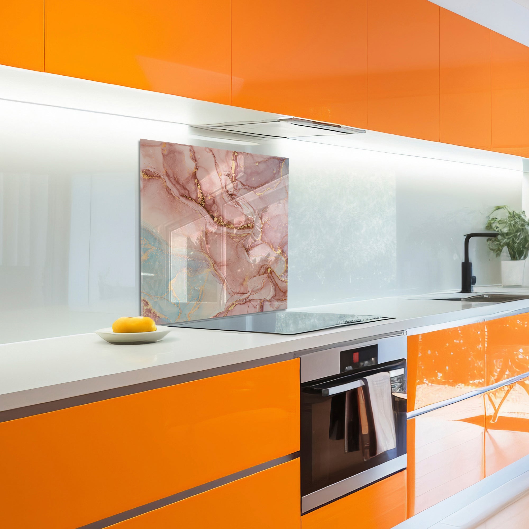 Pink Ink Marble Glass Backsplash – Elegant Abstract Kitchen Panel