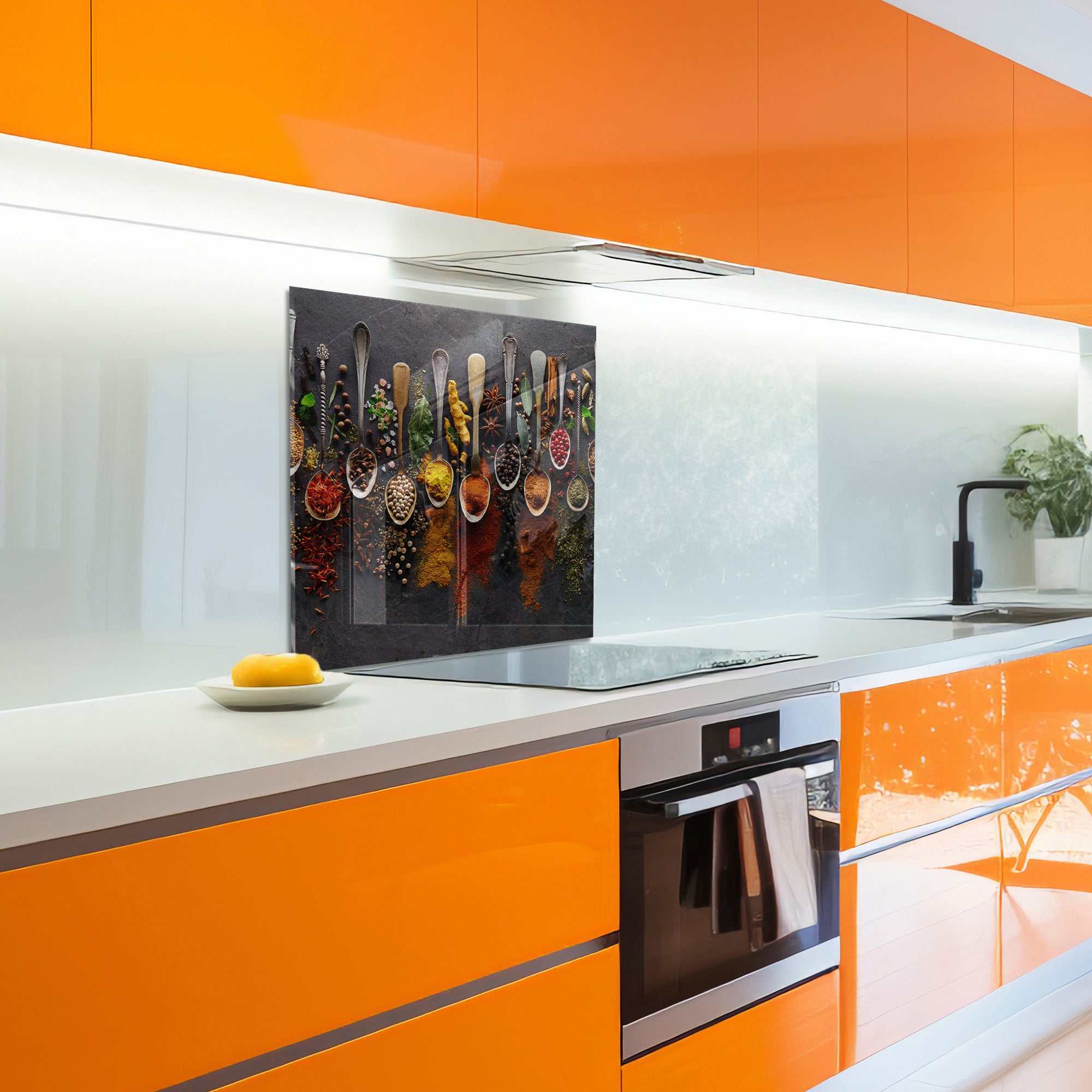 Spices on Dark Stone Tempered Glass Backsplash – Gourmet Kitchen Wall Panel