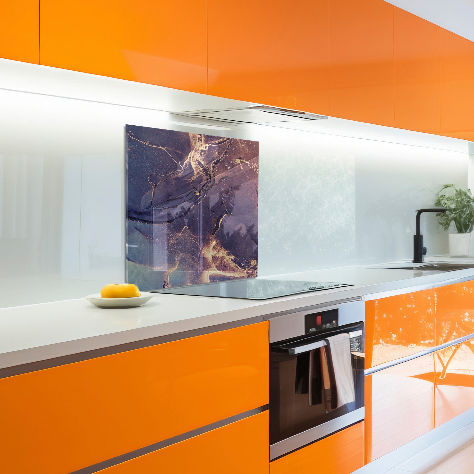 Ink Marble Tempered Glass Backsplash – Blue & Gold Abstract Kitchen Panel