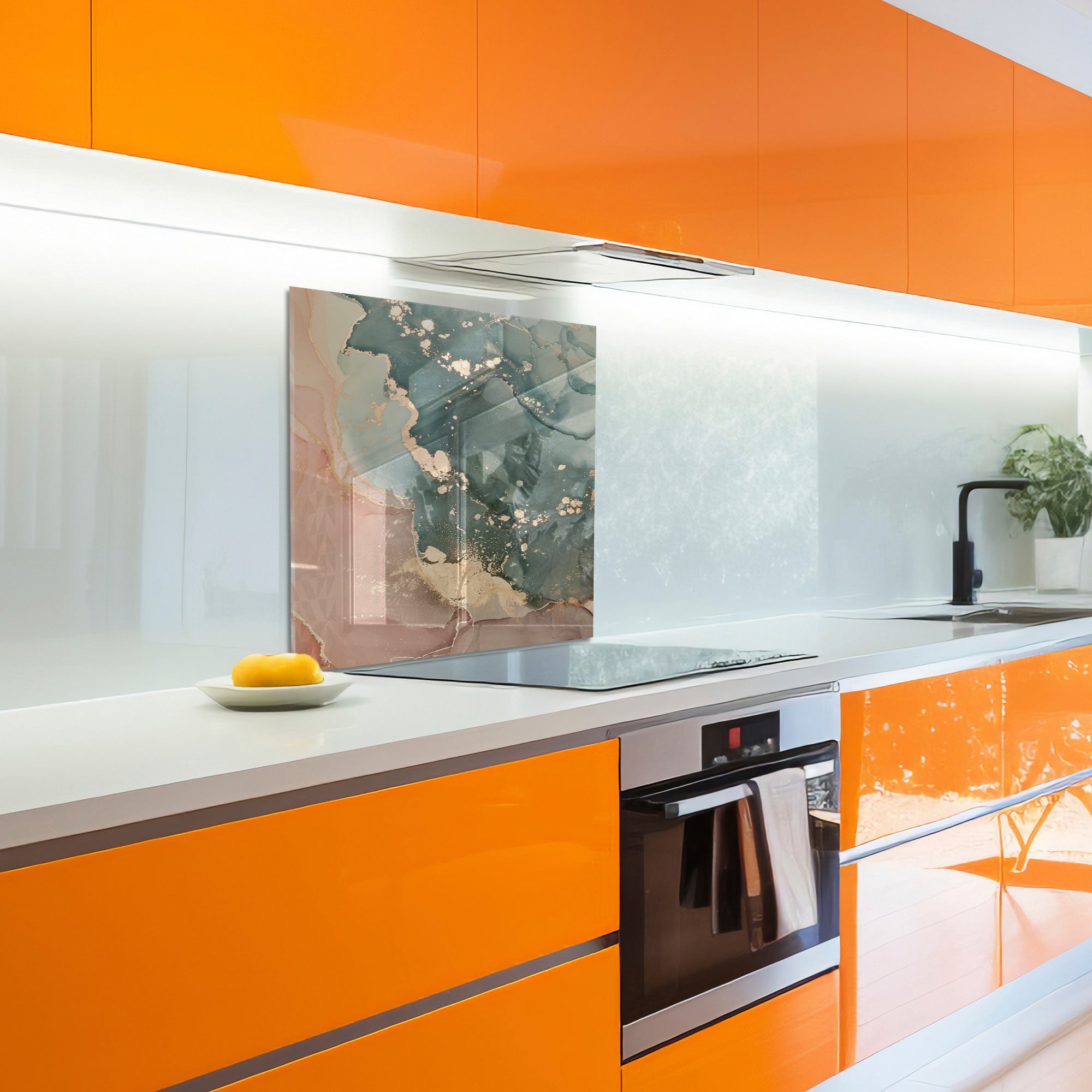 Green & Beige Ink Marble Glass Backsplash – Abstract Kitchen Panel