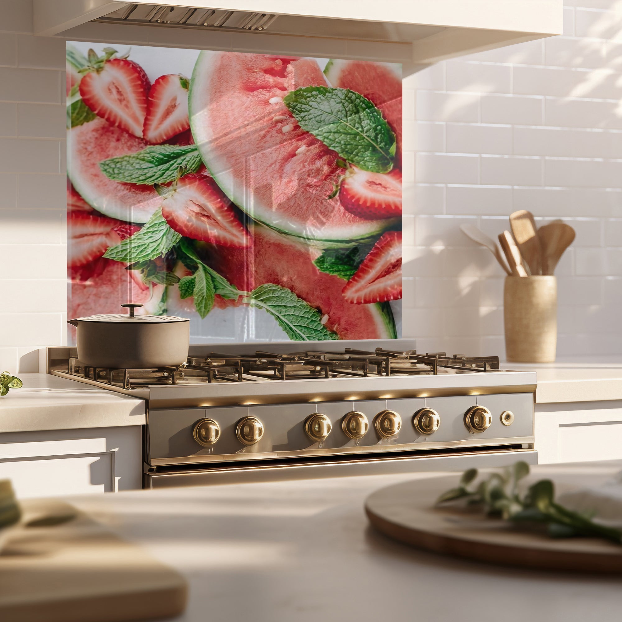 Watermelon & Strawberry Tempered Glass Backsplash – Fresh Summer Kitchen Panel