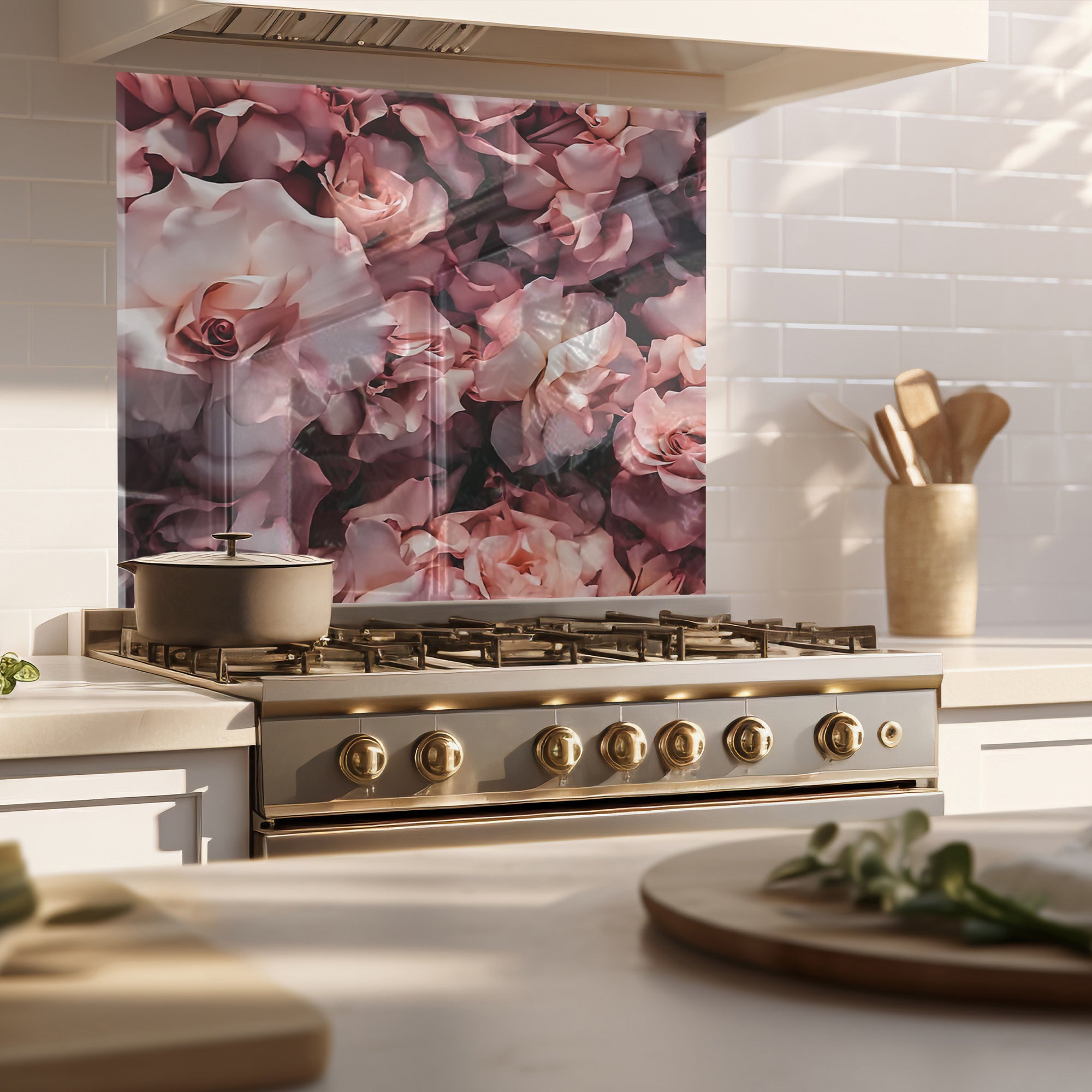 Pink Roses Tempered Glass Backsplash – Romantic Floral Kitchen Panel