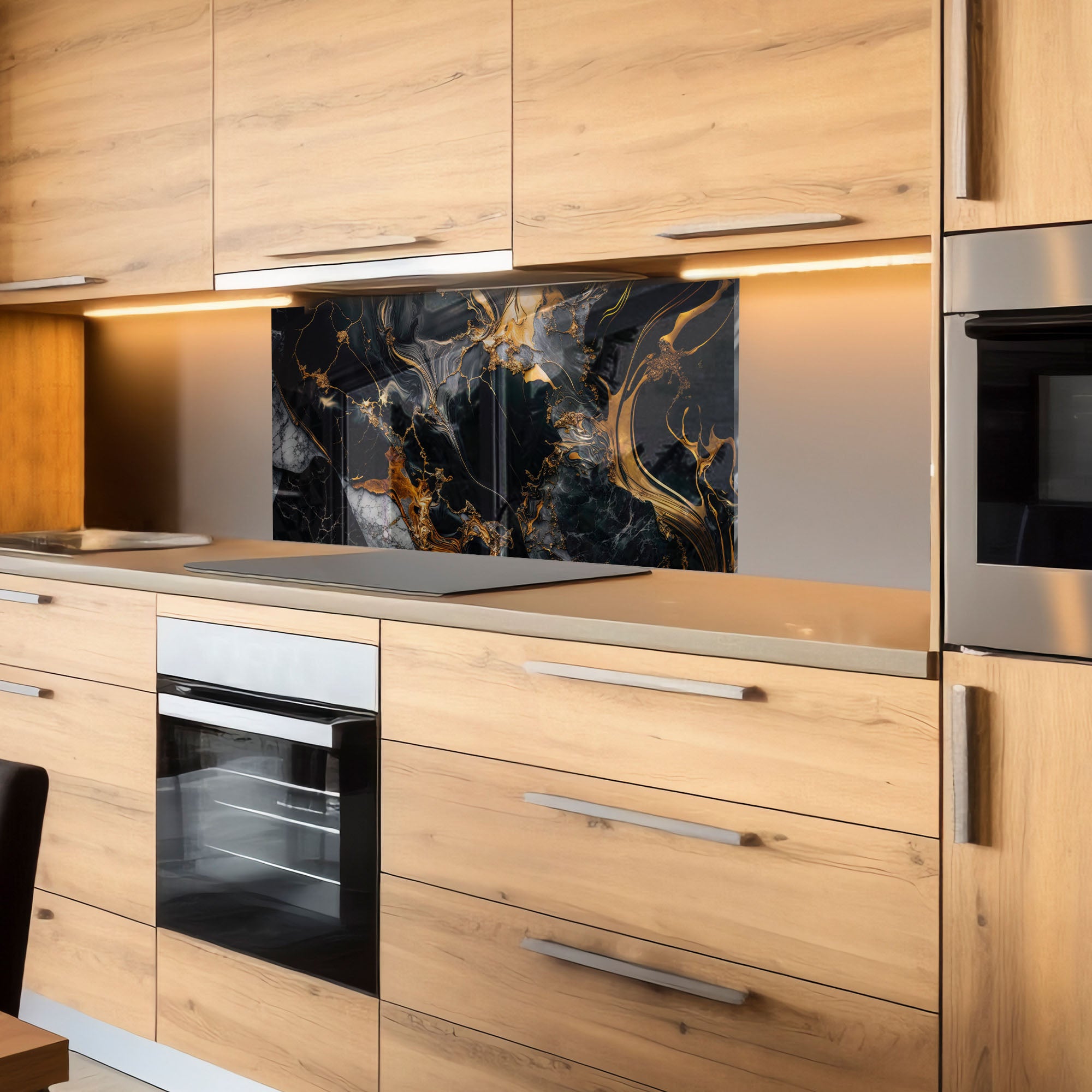 Black and Gold Marble Tempered Glass Stove Backsplash – Heat-Resistant Modern Kitchen Wall Panel