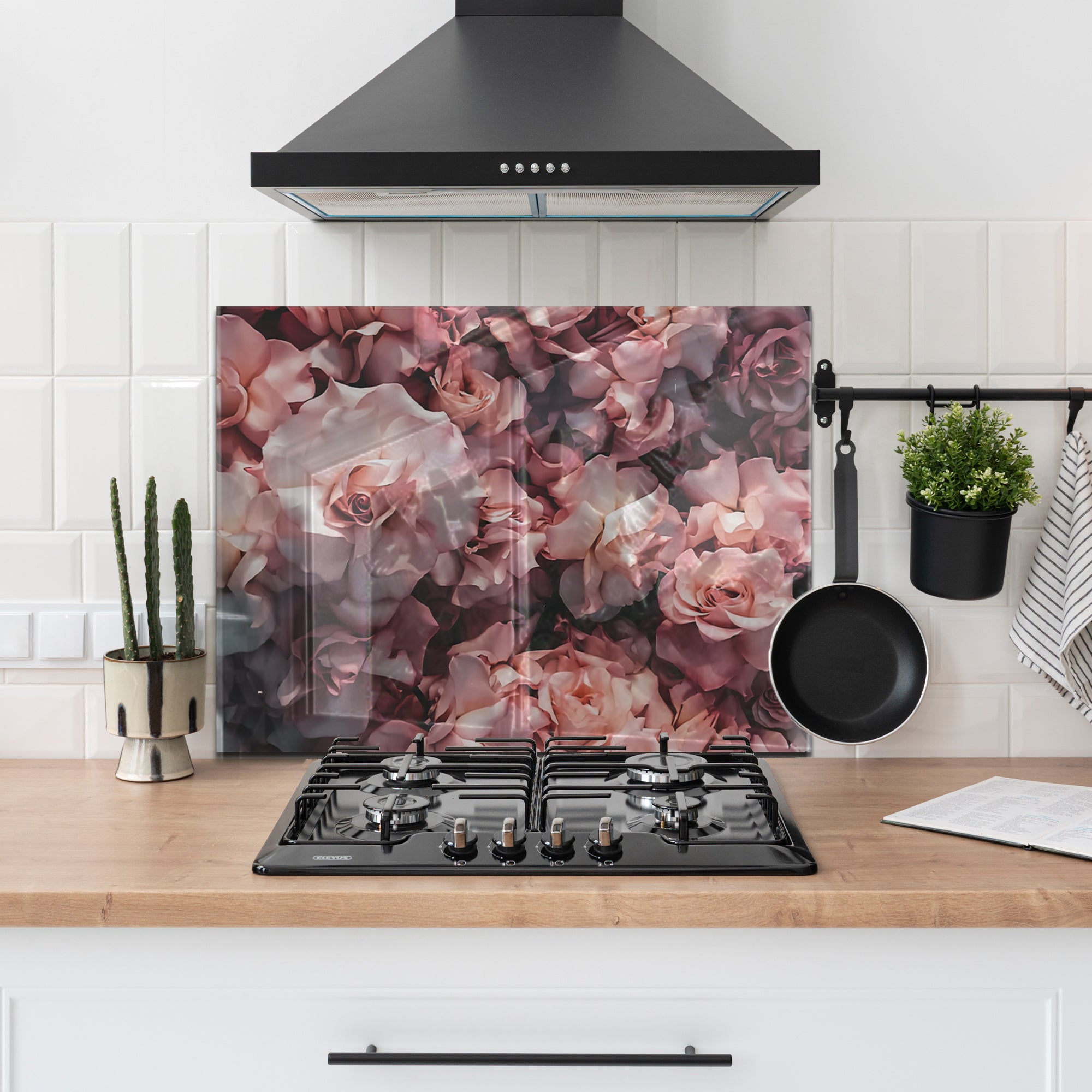 Pink Roses Tempered Glass Backsplash – Romantic Floral Kitchen Panel