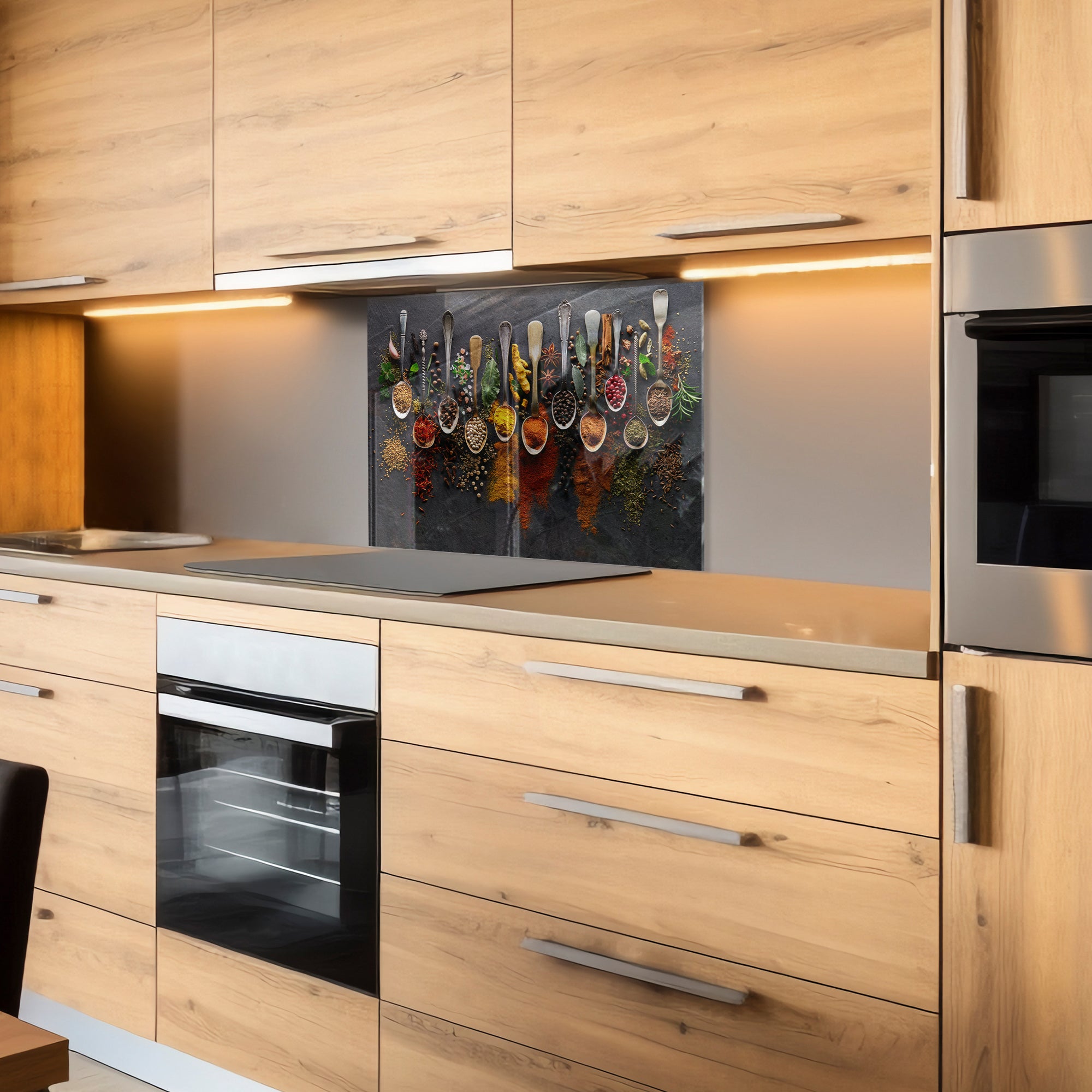 Spices on Dark Stone Tempered Glass Backsplash – Gourmet Kitchen Wall Panel