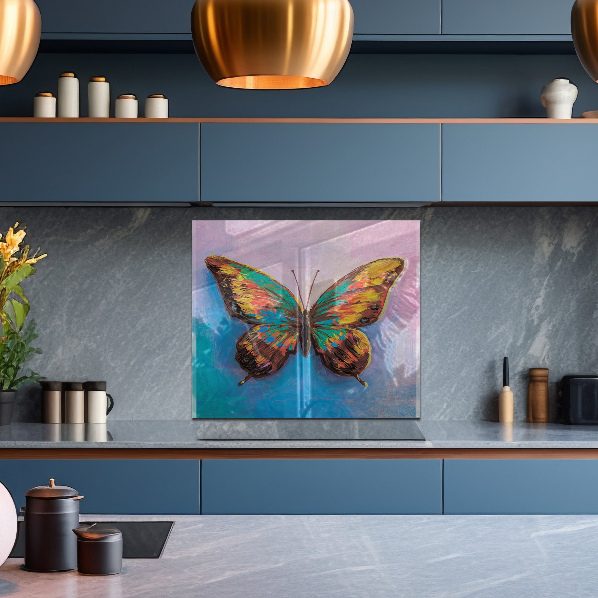 Colorful Butterfly Tempered Glass Backsplash – Artistic Kitchen Wall Panel