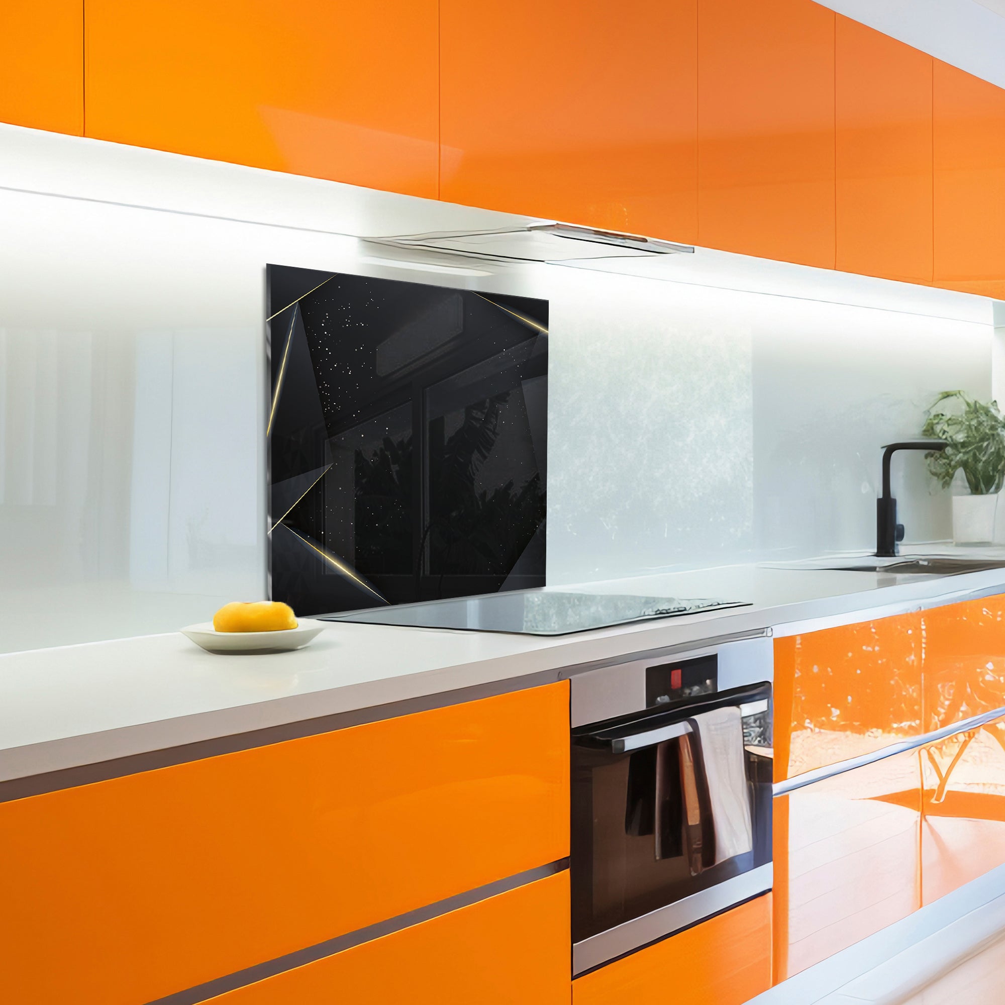 Black & Gold Geometric Tempered Glass Backsplash – Luxury Kitchen Panel