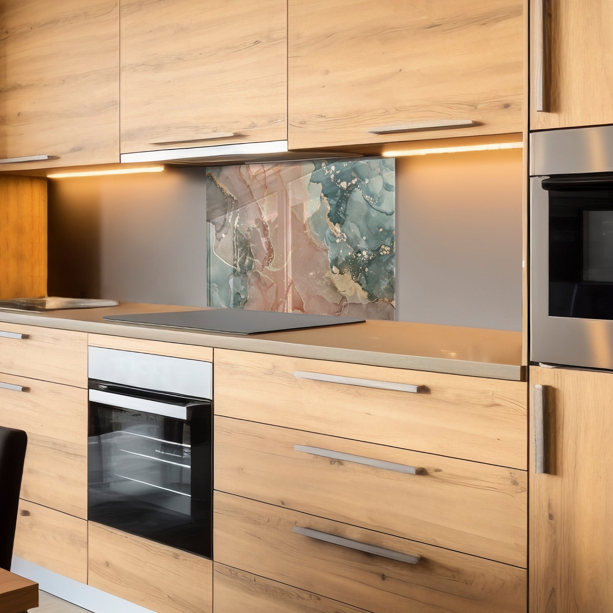 Green & Beige Ink Marble Glass Backsplash – Abstract Kitchen Panel