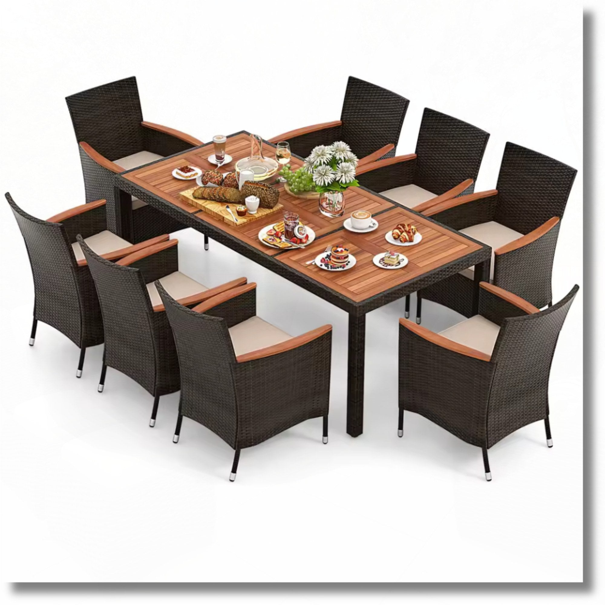 9PCS Patio Dining Set by Add2Home – Acacia Wood Table & Rattan Chairs