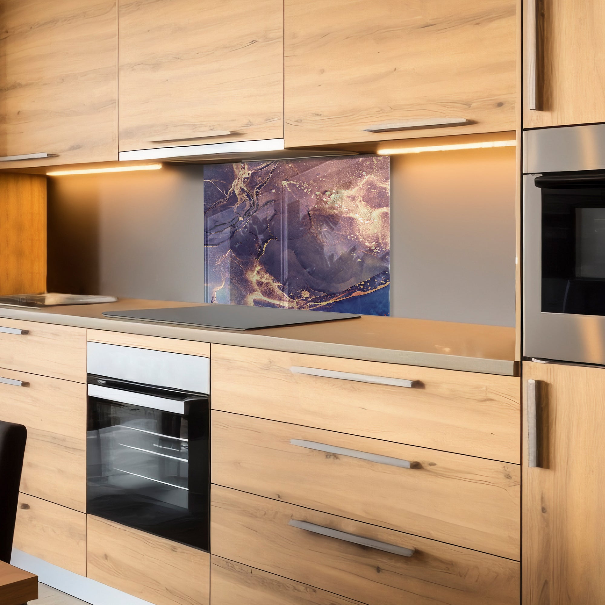 Ink Marble Tempered Glass Backsplash – Blue & Gold Abstract Kitchen Panel