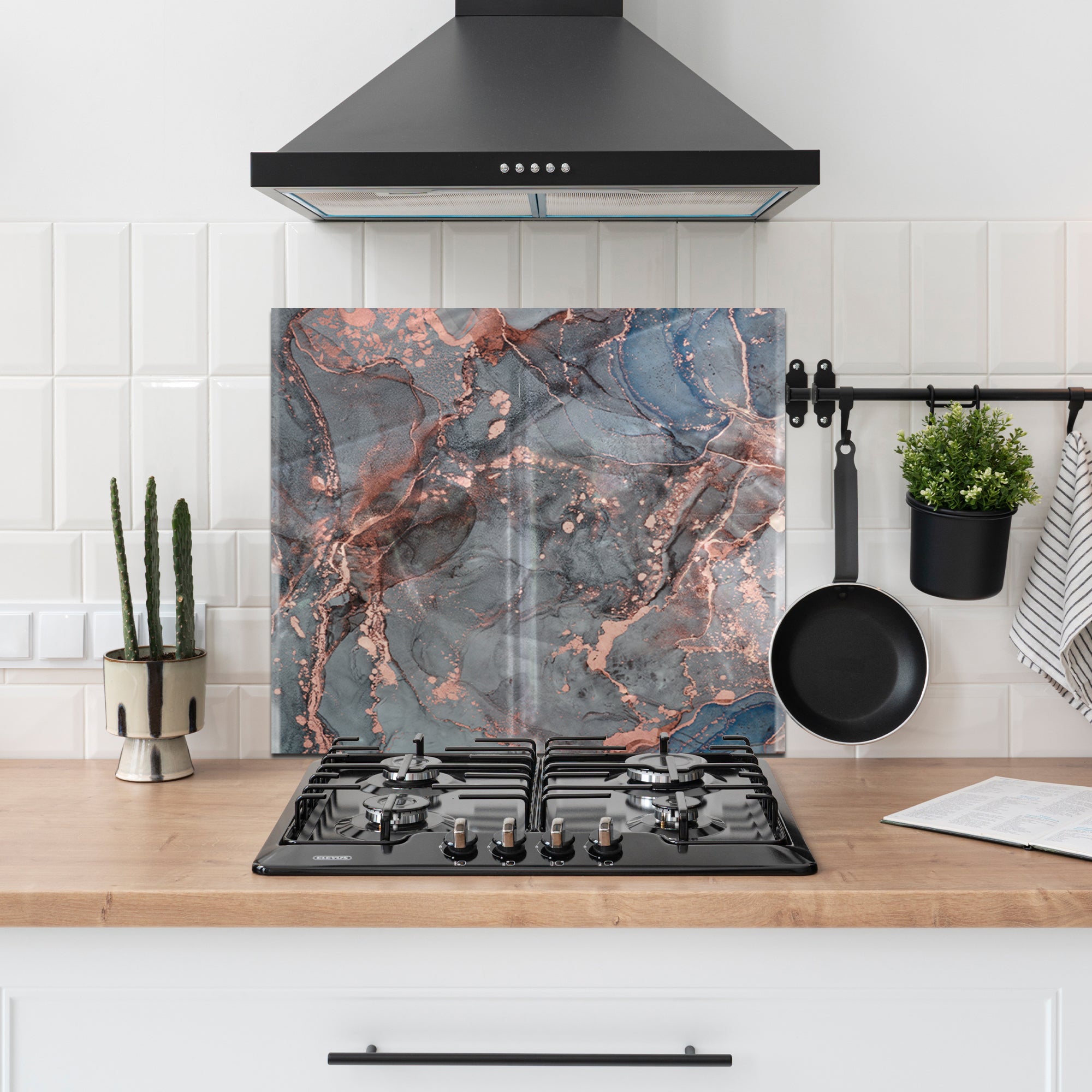 Smoky Rose Marble Tempered Glass Backsplash – Grey & Copper Abstract Panel