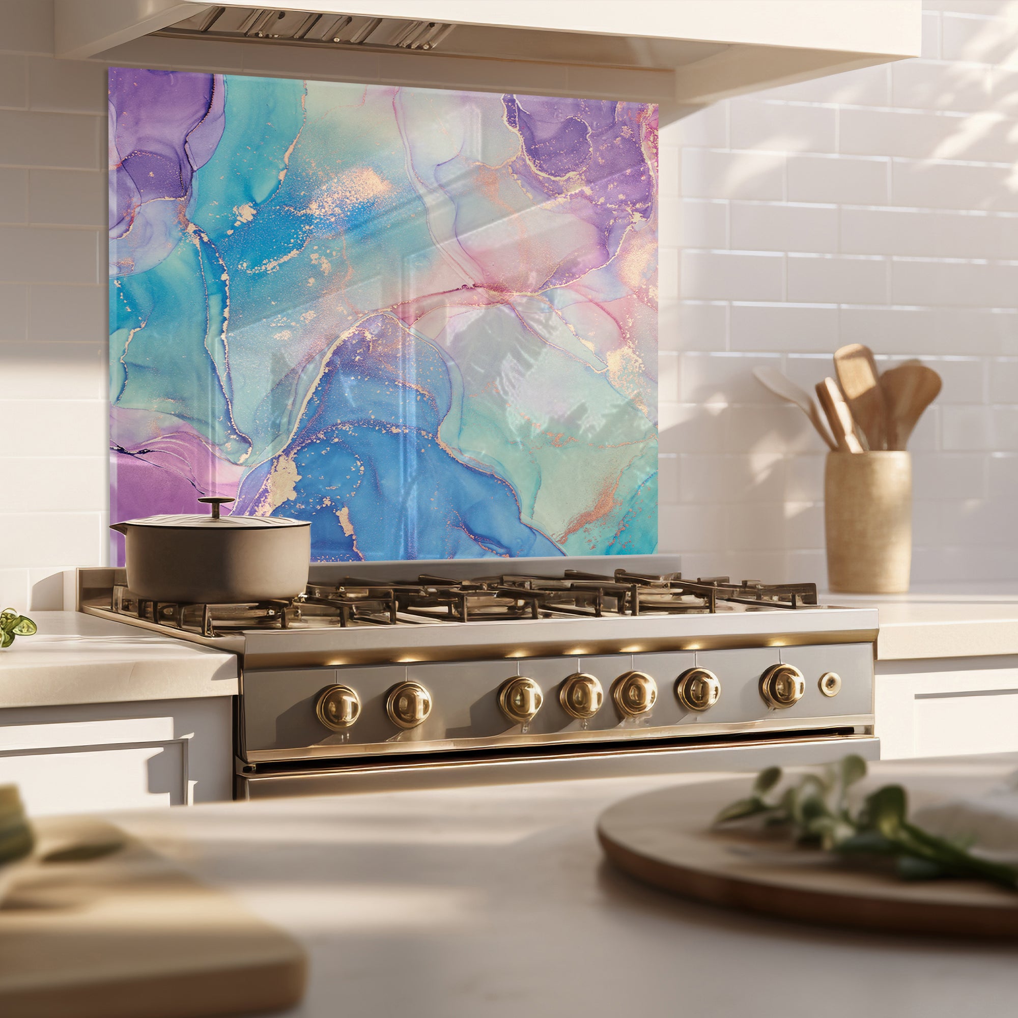 Colorful Ink Marble Glass Backsplash – Purple & Blue Abstract Kitchen Panel