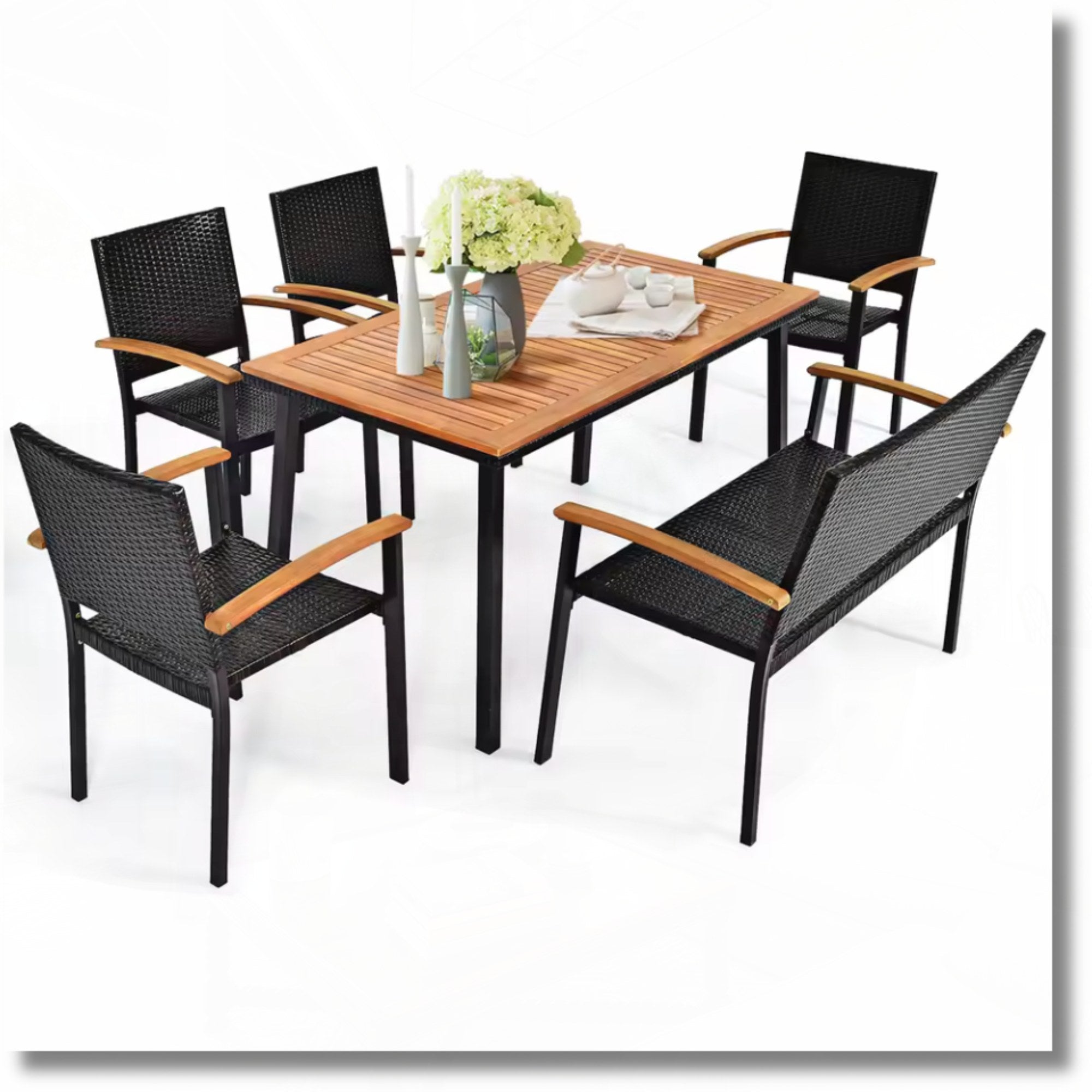 6PCS Patio Dining Set by Add2Home – Acacia Wood Table & Rattan Seating