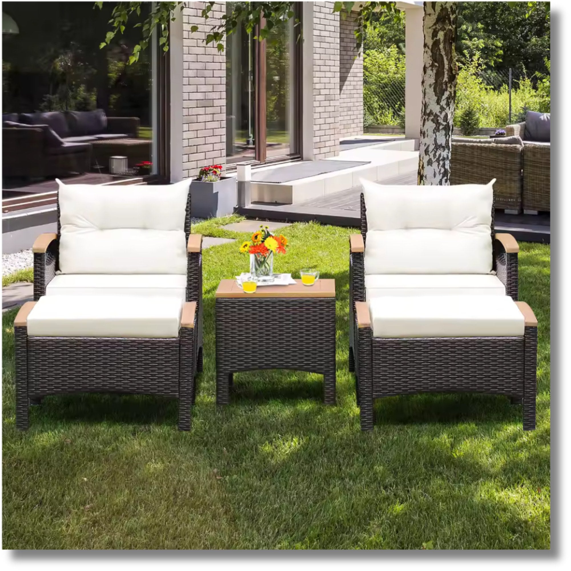 5PCS Patio Sofa Set by Add2Home – Rattan Chairs & Ottomans with Wood Top Table