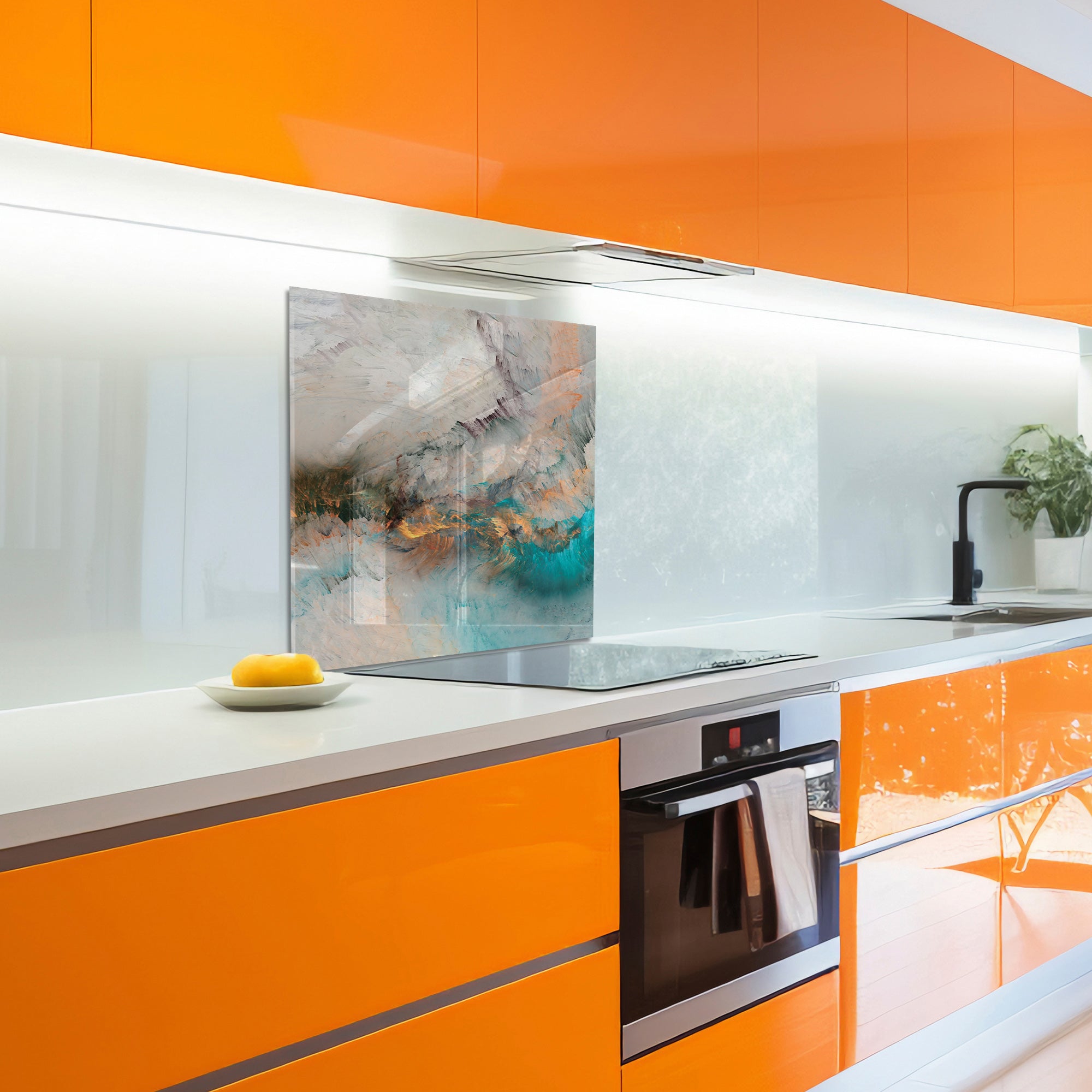 Abstract Ocean Mist Tempered Glass Backsplash – Turquoise & Copper Art Panel