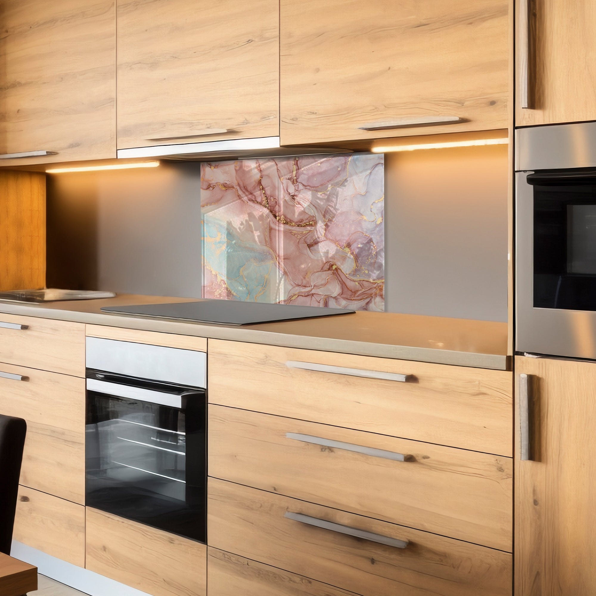 Pink Ink Marble Glass Backsplash – Elegant Abstract Kitchen Panel