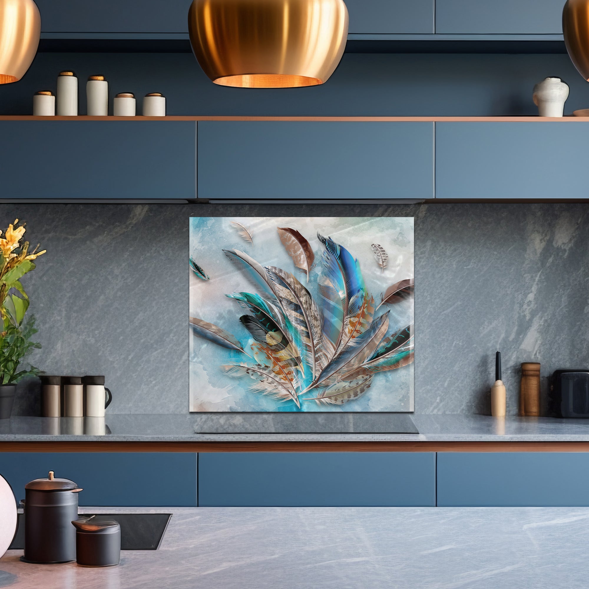 Feather Burst Tempered Glass Backsplash – Colorful Kitchen Art Panel