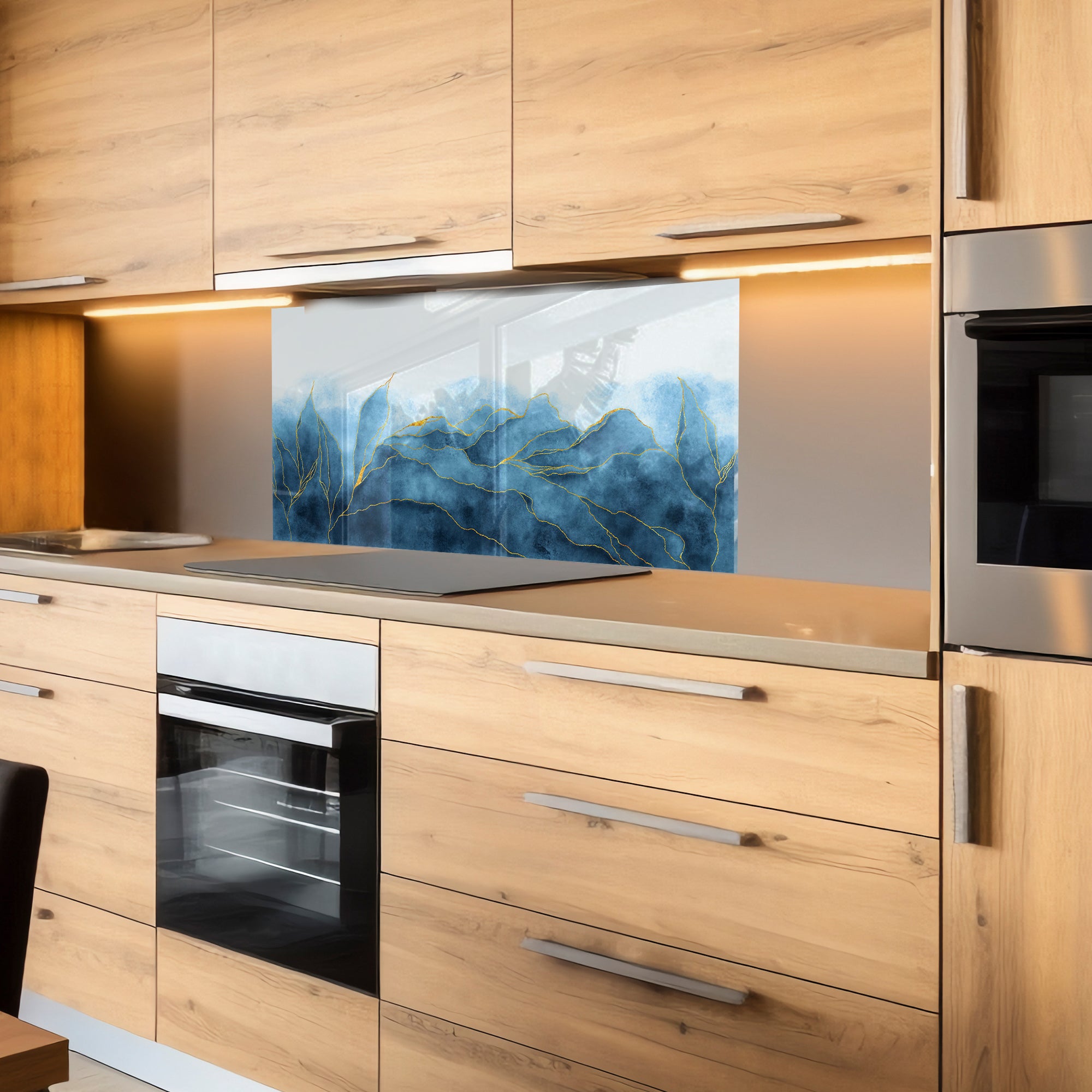 Blue Mountains Glass Backsplash – Gold Line Abstract Kitchen Panel