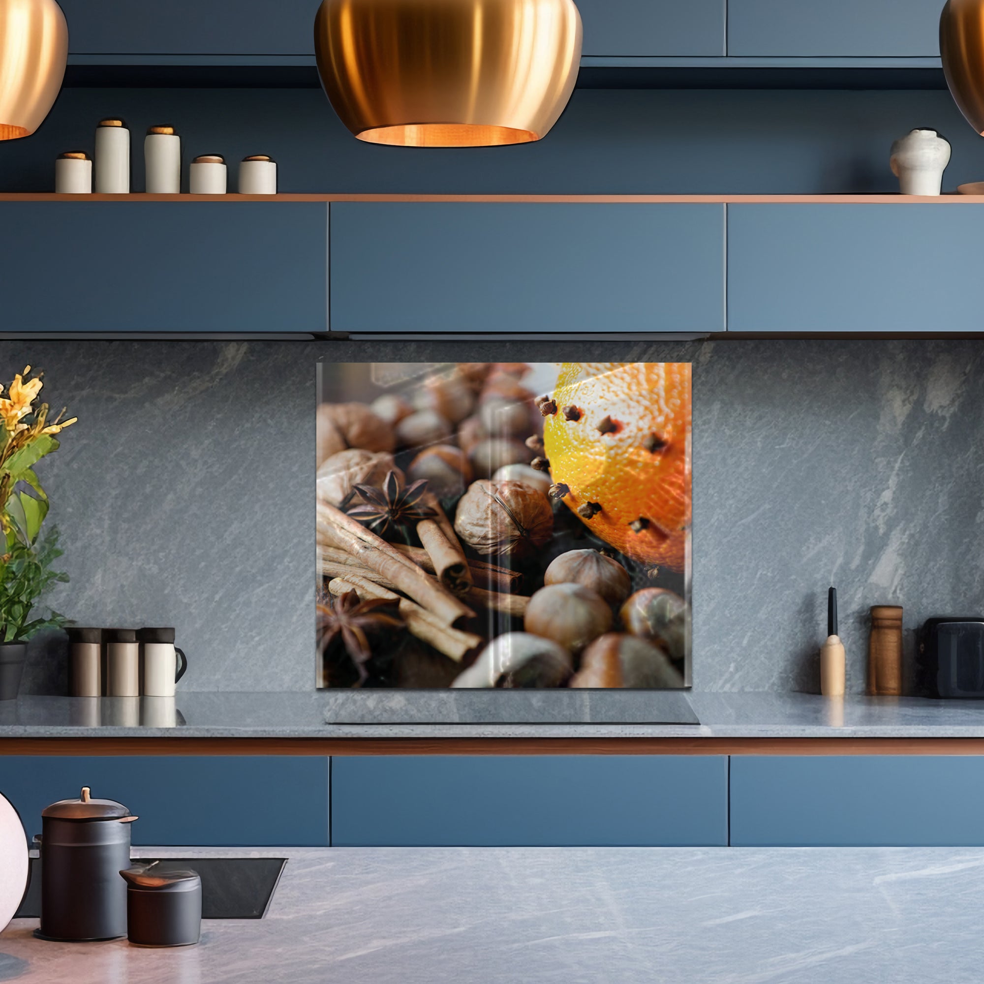 Spices & Nuts Tempered Glass Backsplash – Warm Gourmet Kitchen Panel