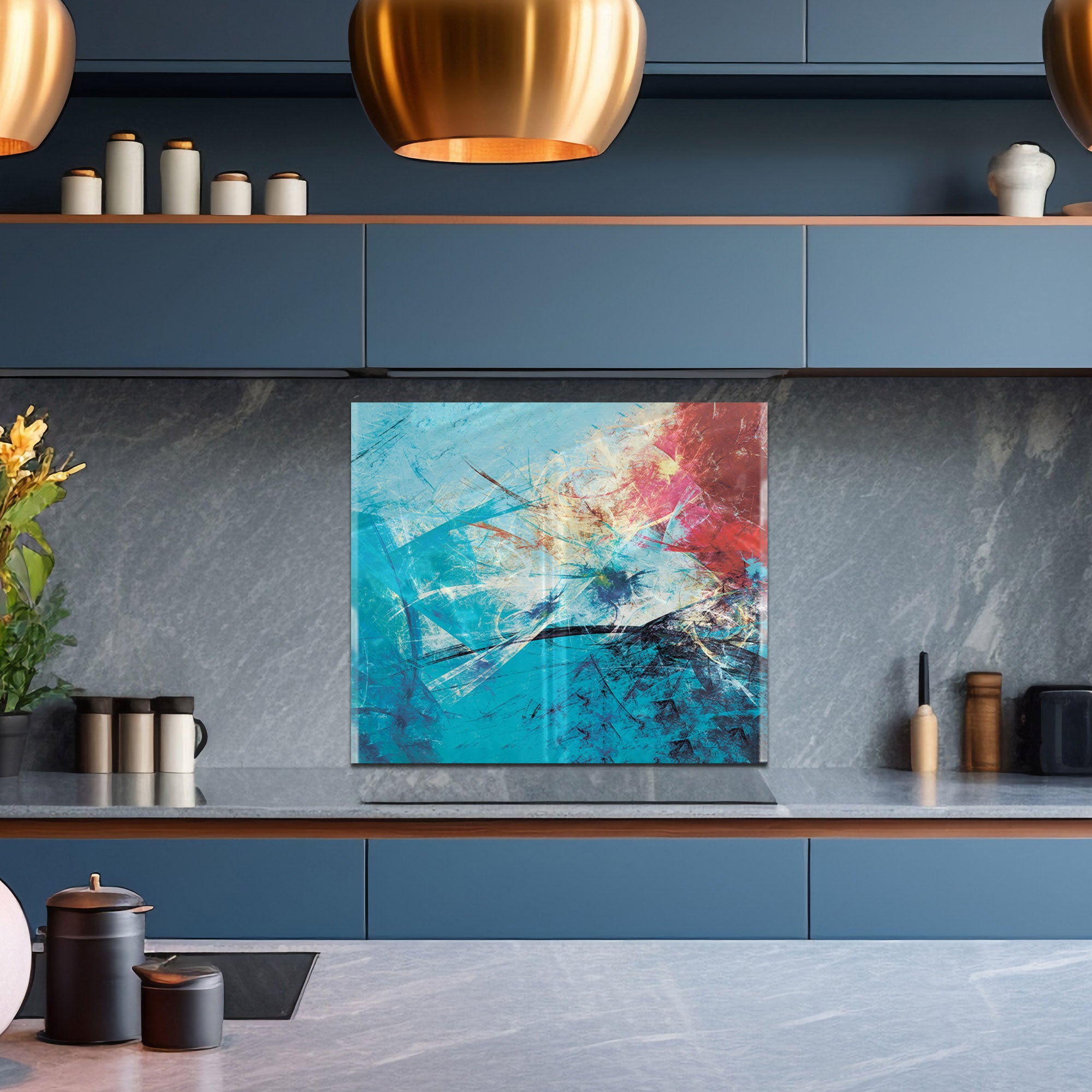 Color Burst Abstract Tempered Glass Backsplash – Vibrant Heat-Resistant Kitchen Panel