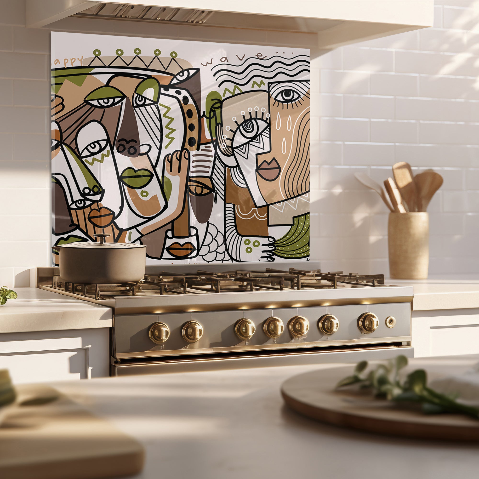 Cubist Faces Tempered Glass Backsplash – Abstract Modern Art Kitchen Panel