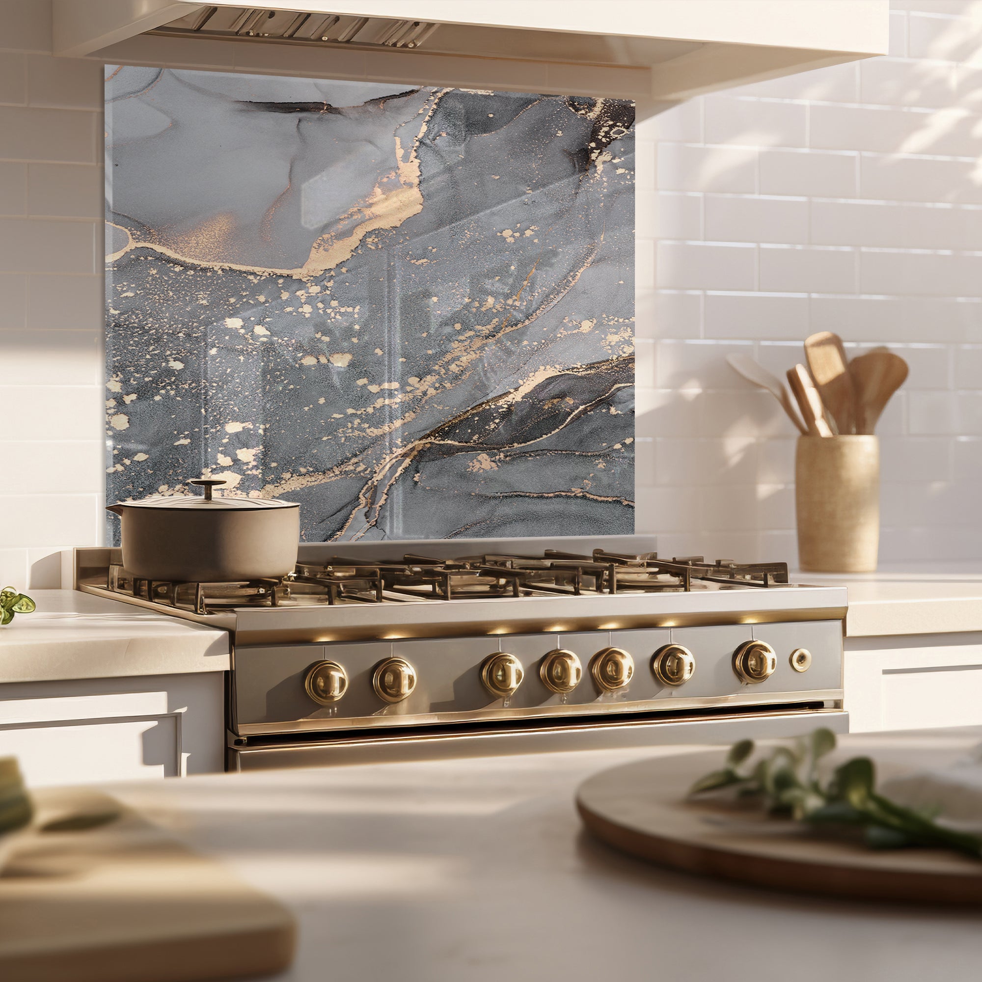Grey Marble Tempered Glass Backsplash – Gold Vein Luxury Kitchen Panel