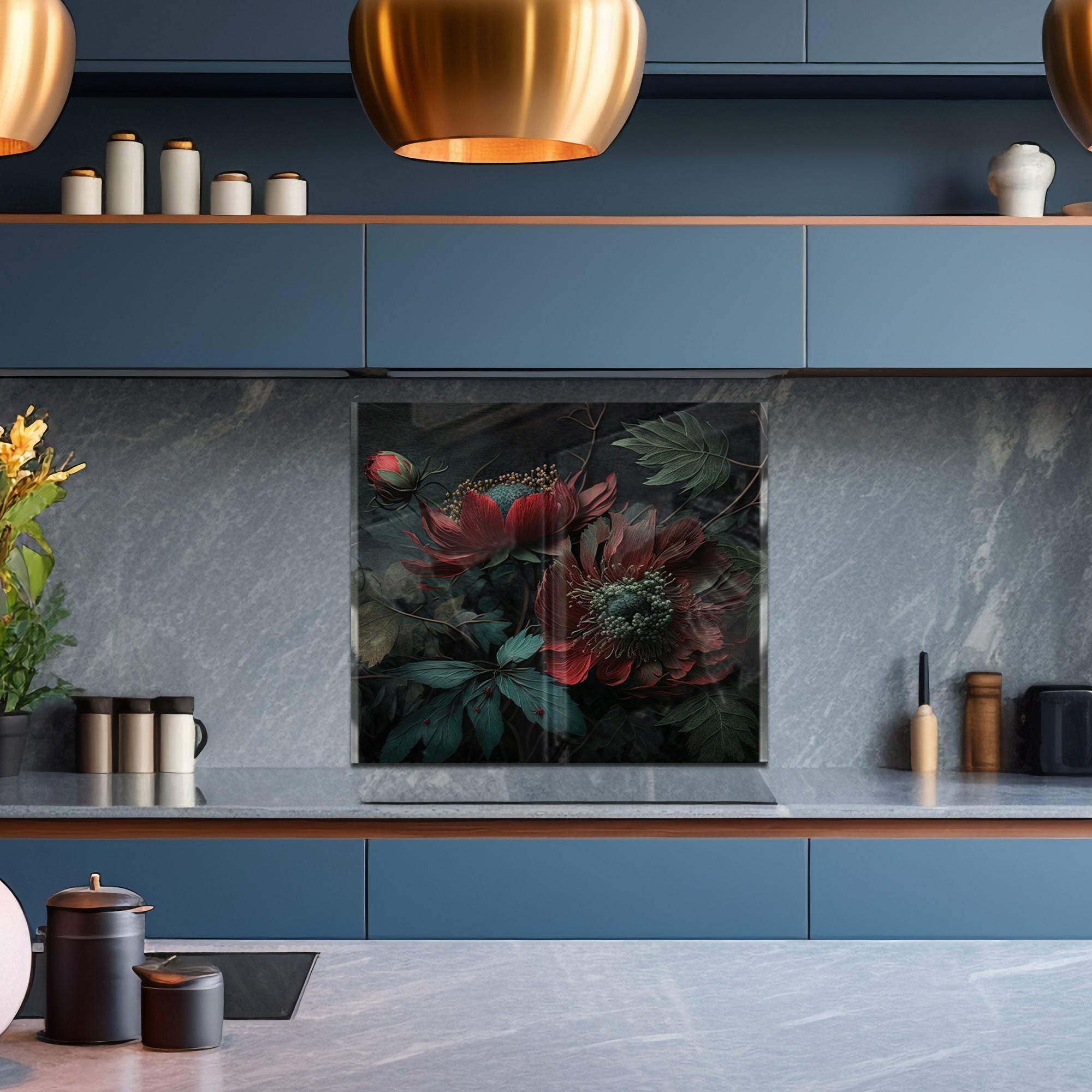 Dark Floral Elegance – Glass Kitchen Backsplash Panel