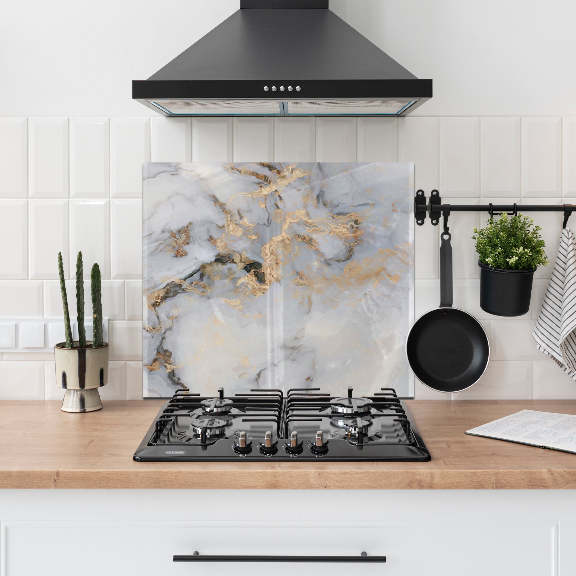 White & Gold Marble Tempered Glass Backsplash – Elegant Kitchen Wall Panel