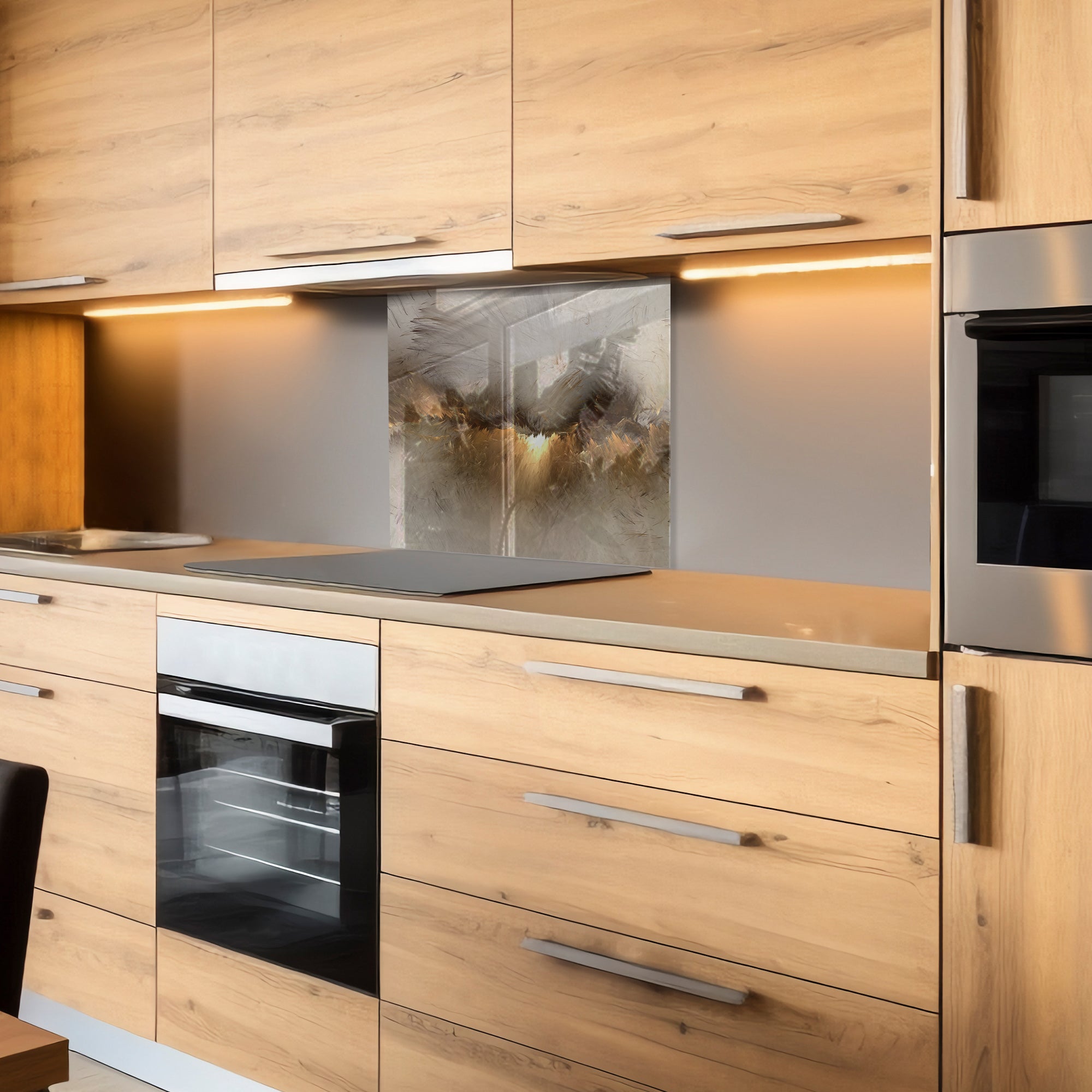 Abstract Grey & Gold Tempered Glass Backsplash – Modern Kitchen Wall Panel
