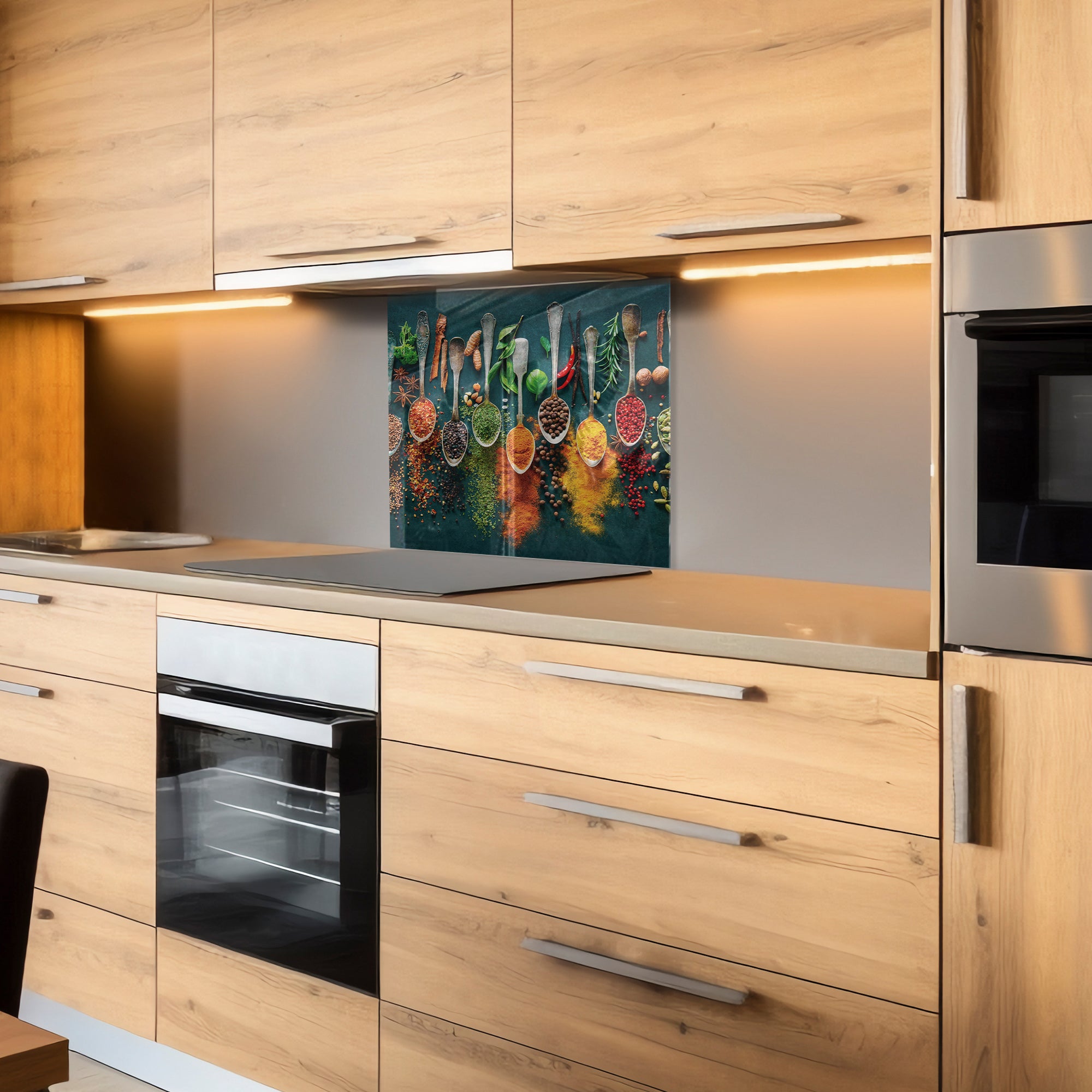 Harmony of Spices Tempered Glass Backsplash – Colorful Kitchen Wall Panel