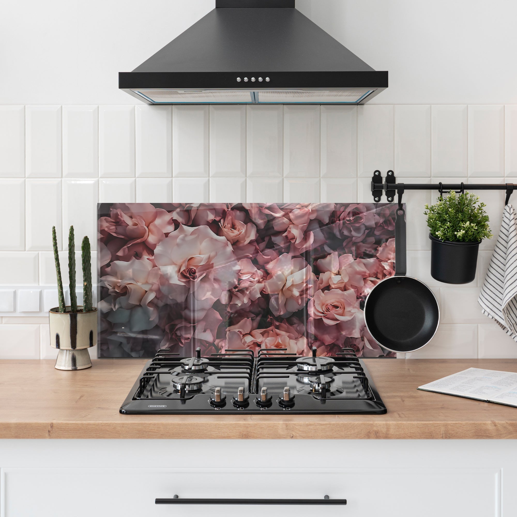 Pink Roses Tempered Glass Backsplash – Romantic Floral Kitchen Panel