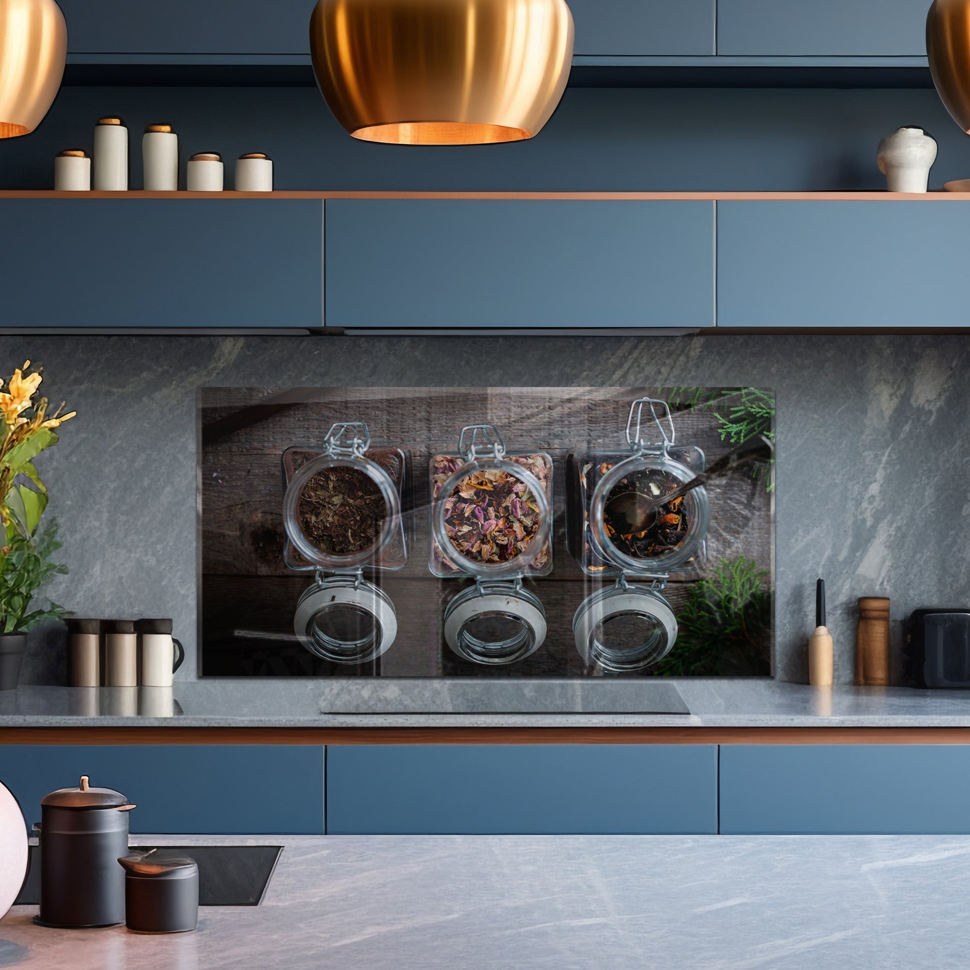 Tea Jar Kitchen Tempered Glass Backsplash – Rustic Herbal Wall Panel