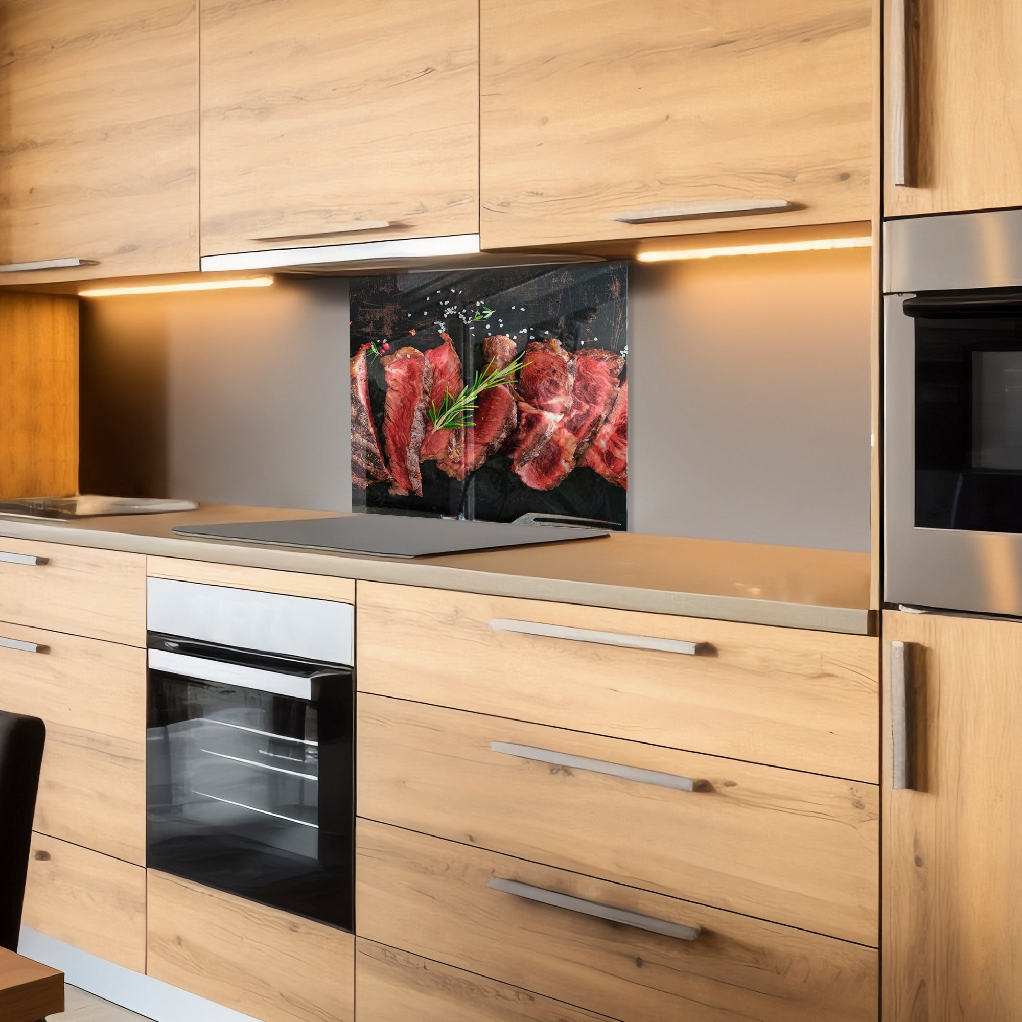 Juicy Steak Tempered Glass Backsplash – Meat Lover’s Kitchen Wall Panel