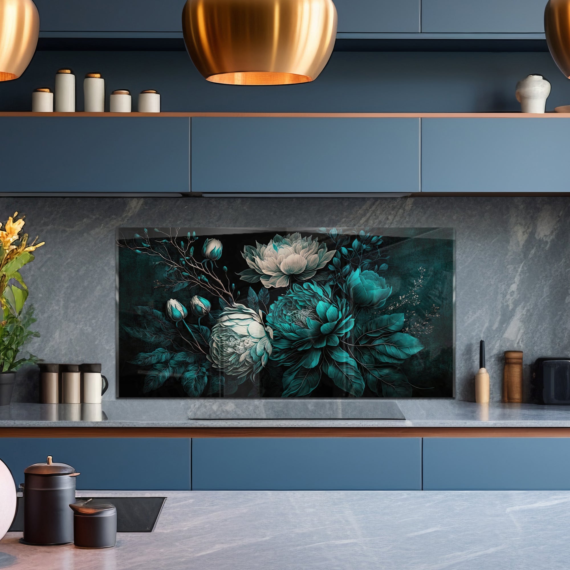 Floral Elegance Tempered Glass Backsplash – Dark Botanical Kitchen Panel