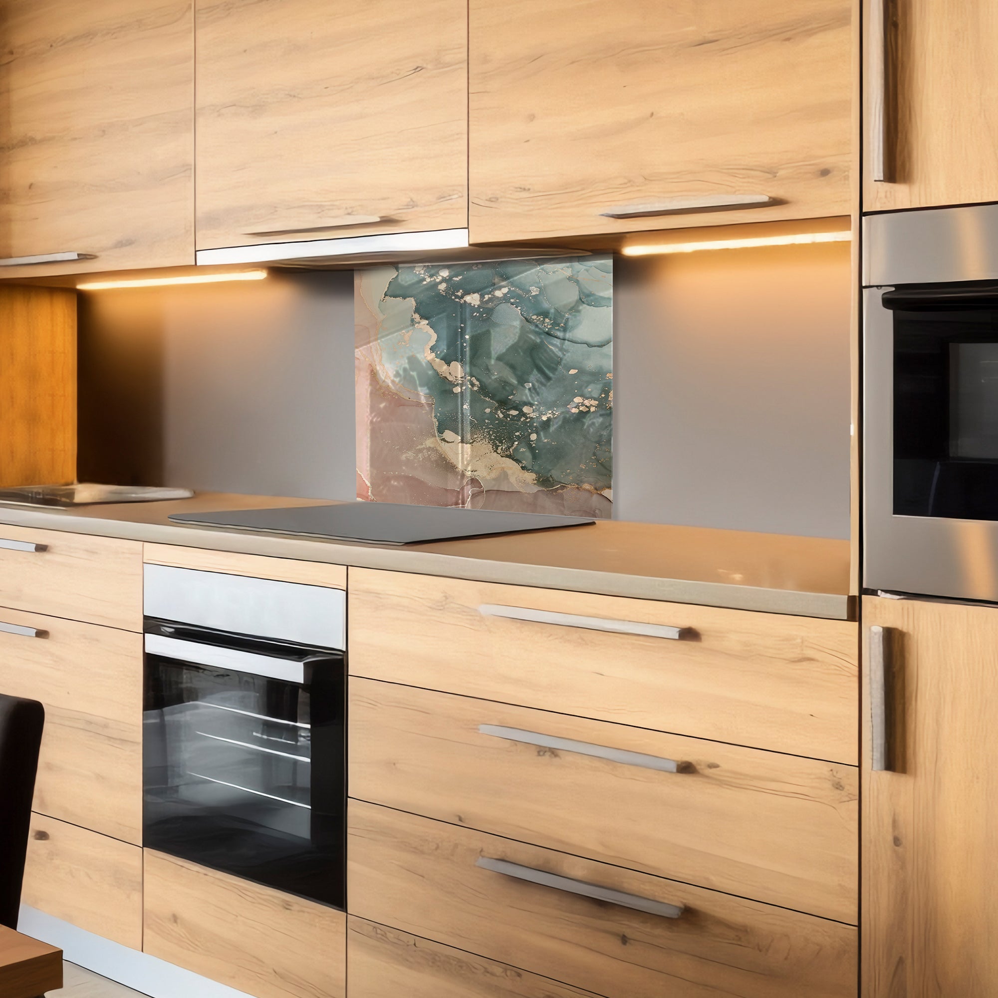 Green & Beige Ink Marble Glass Backsplash – Abstract Kitchen Panel