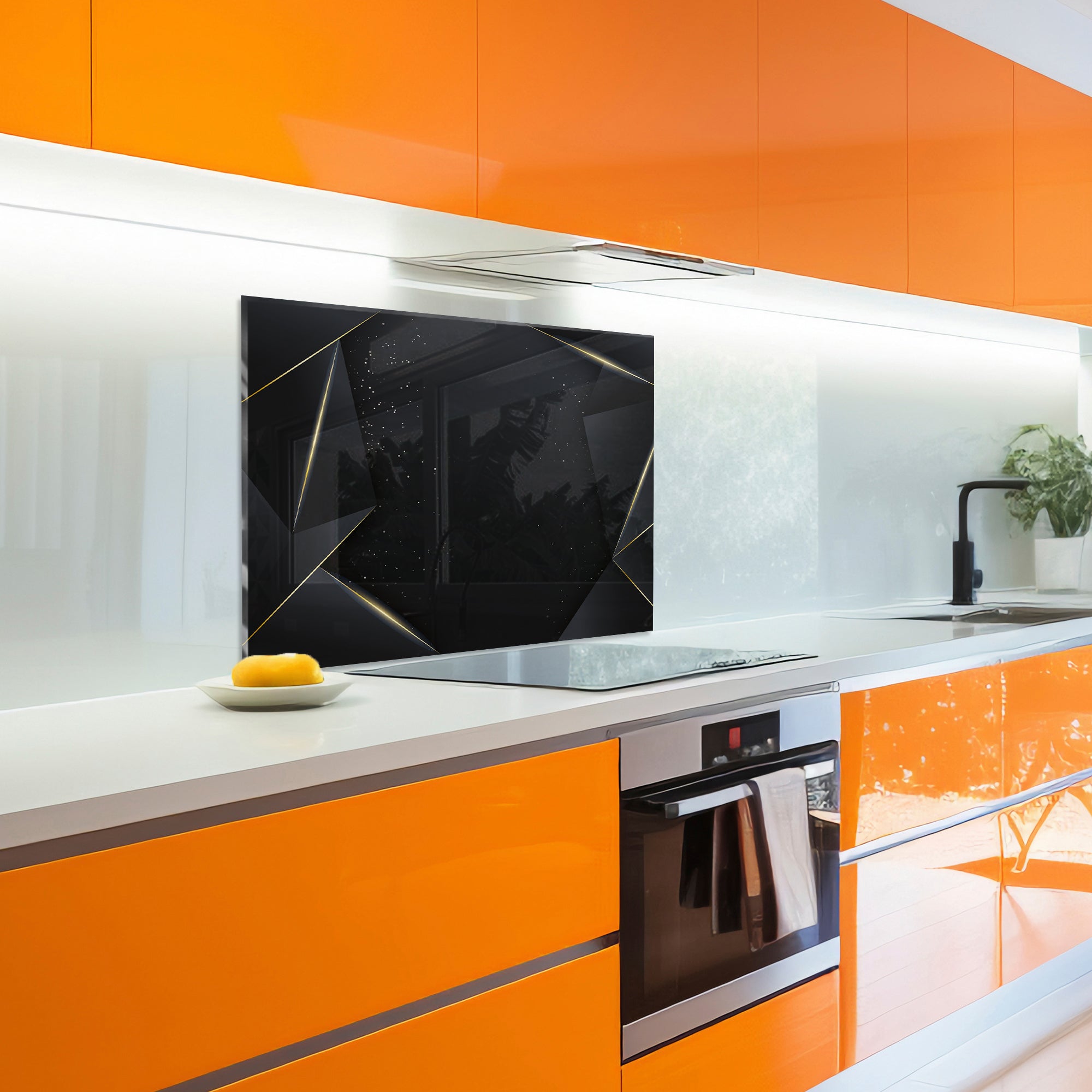 Black & Gold Geometric Tempered Glass Backsplash – Luxury Kitchen Panel