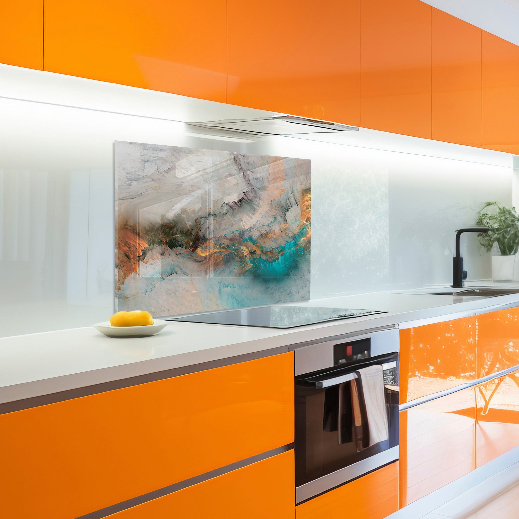 Abstract Ocean Mist Tempered Glass Backsplash – Turquoise & Copper Art Panel